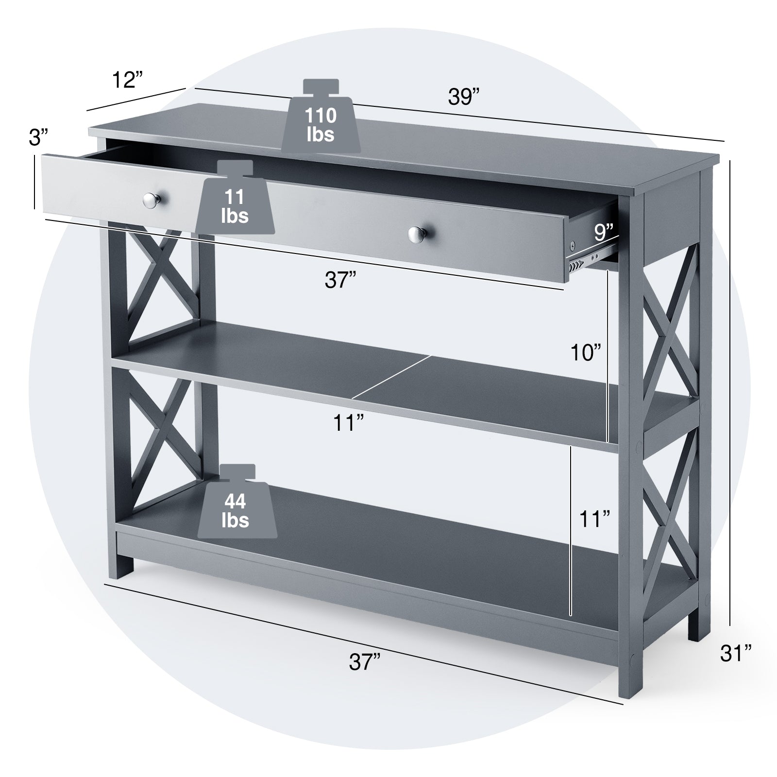 Console Table 3-Tier with Drawer and Storage Shelves-GrayÂ 