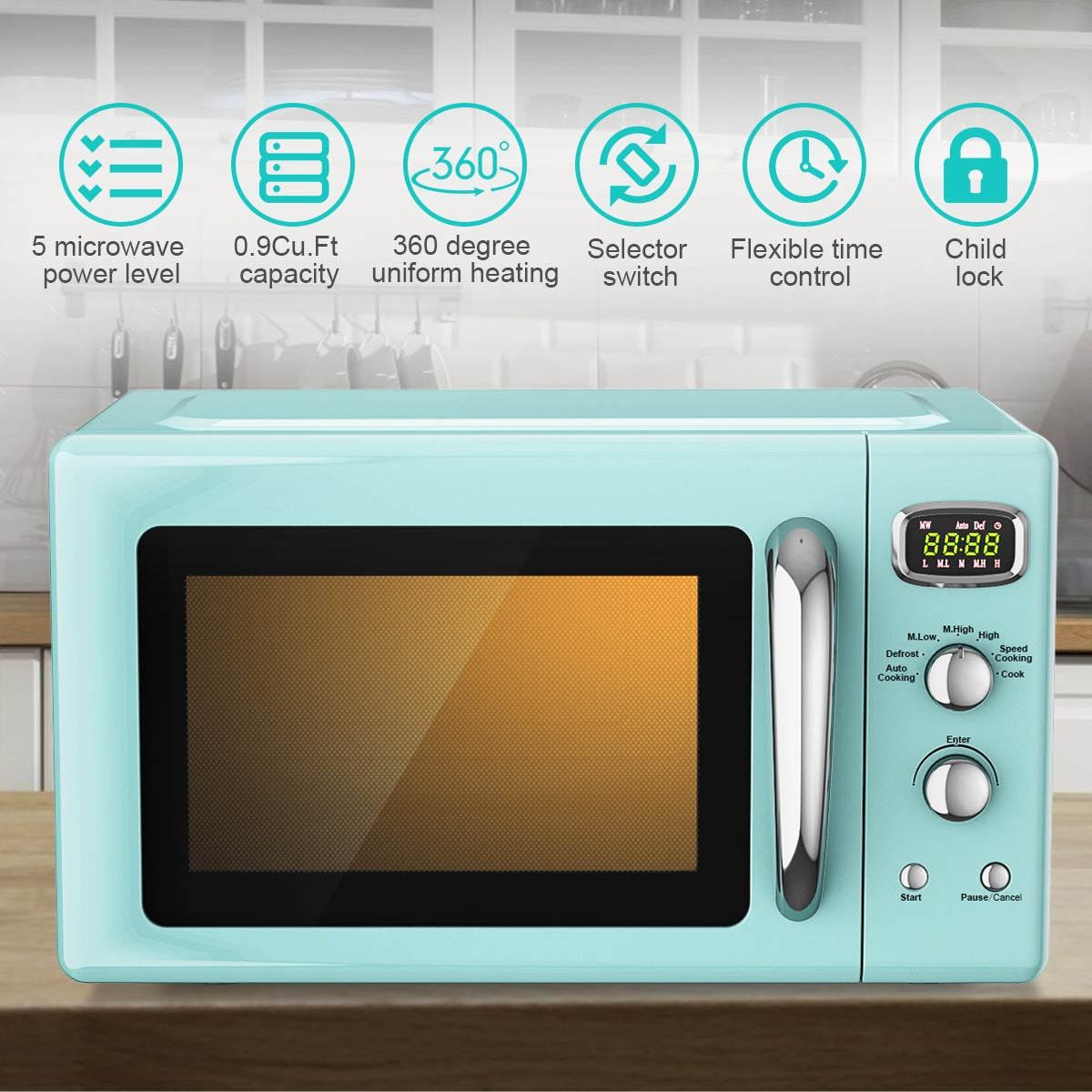 0.9 Cu.ft Retro Countertop Compact Microwave Oven-Green