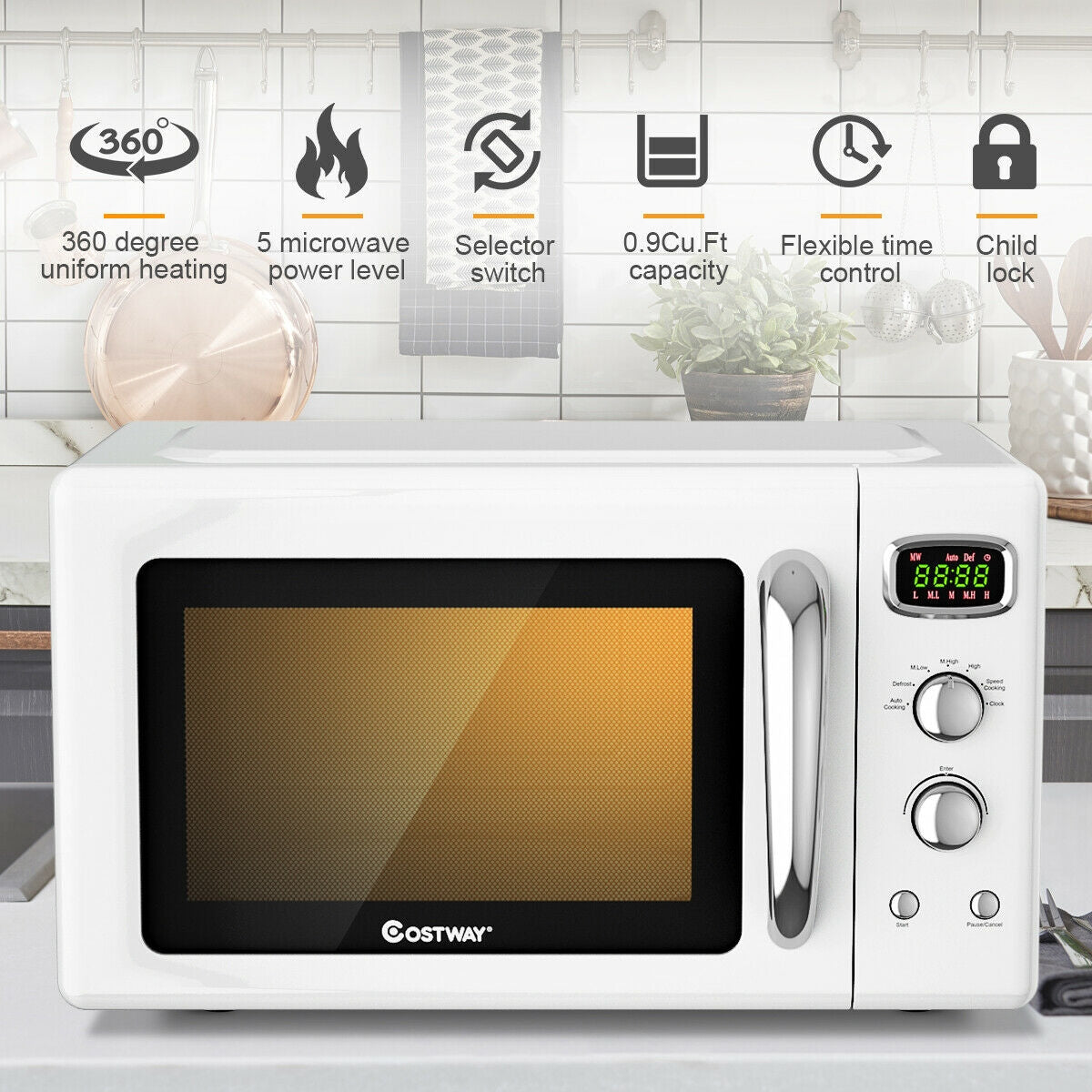 0.9 Cu.ft Retro Countertop Compact Microwave Oven-White