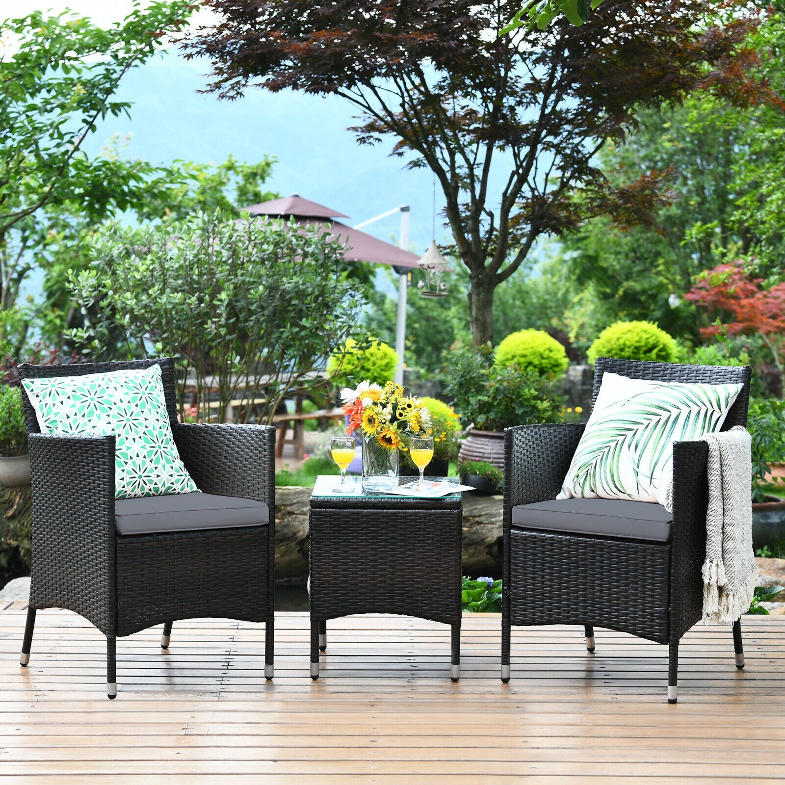 3 Pieces Patio Furniture Set Outdoor Wicker Rattan Set-Gray