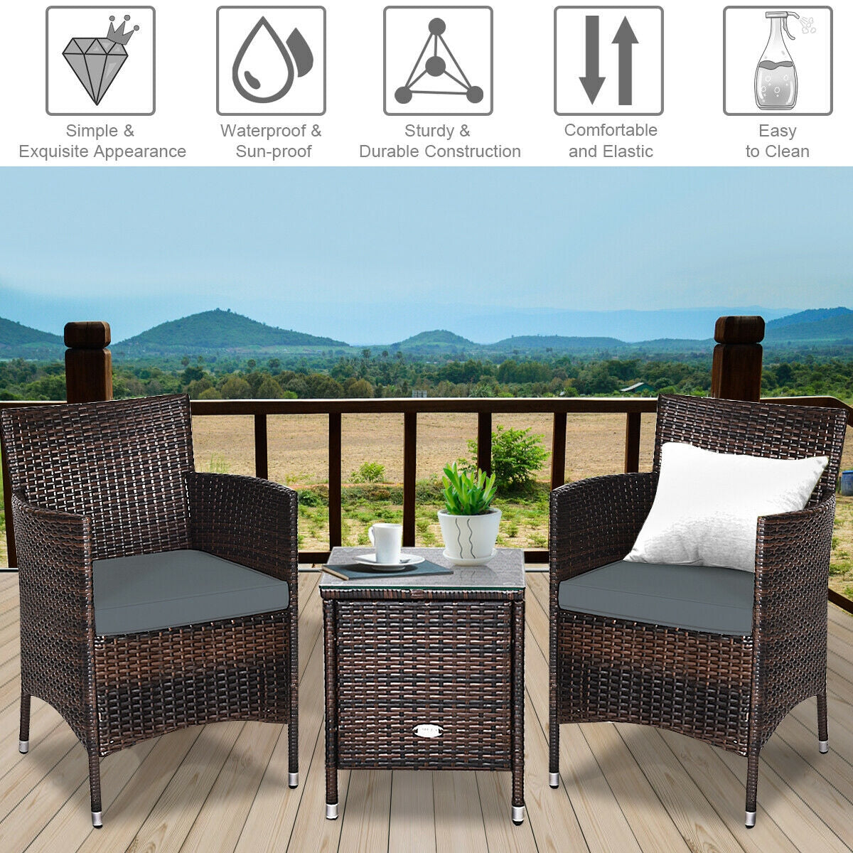 3 Pieces Patio Furniture Set Outdoor Wicker Rattan Set-Gray