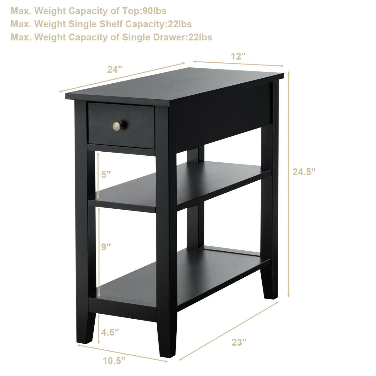 3-Tier Nightstand Bedside Table Sofa Side with Double Shelves Drawer-Black