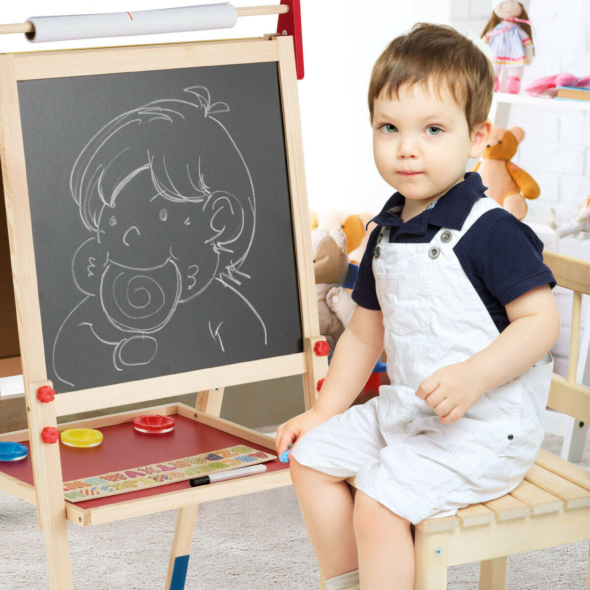 All-in-One Wooden Height Adjustable Kid's Art Easel with Magnetic Stickers and PaperÂ 