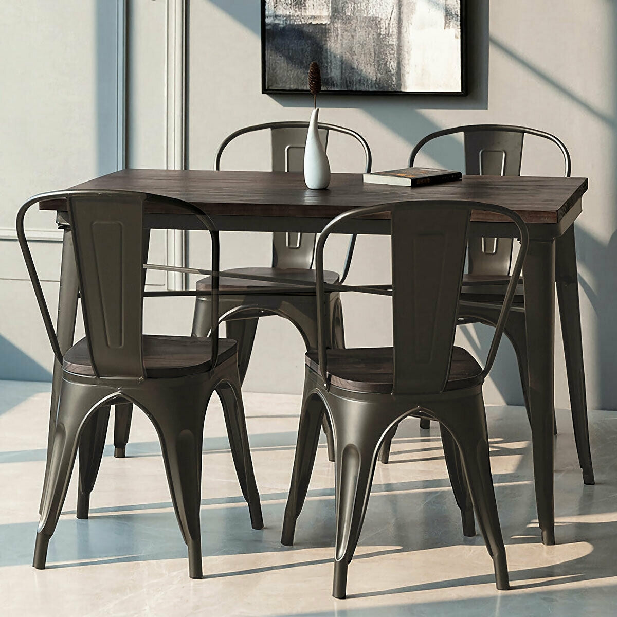 4 Pieces Tolix Style Metal Dining Side Chair Stackable Wood Seat-Dark BrownÂ 