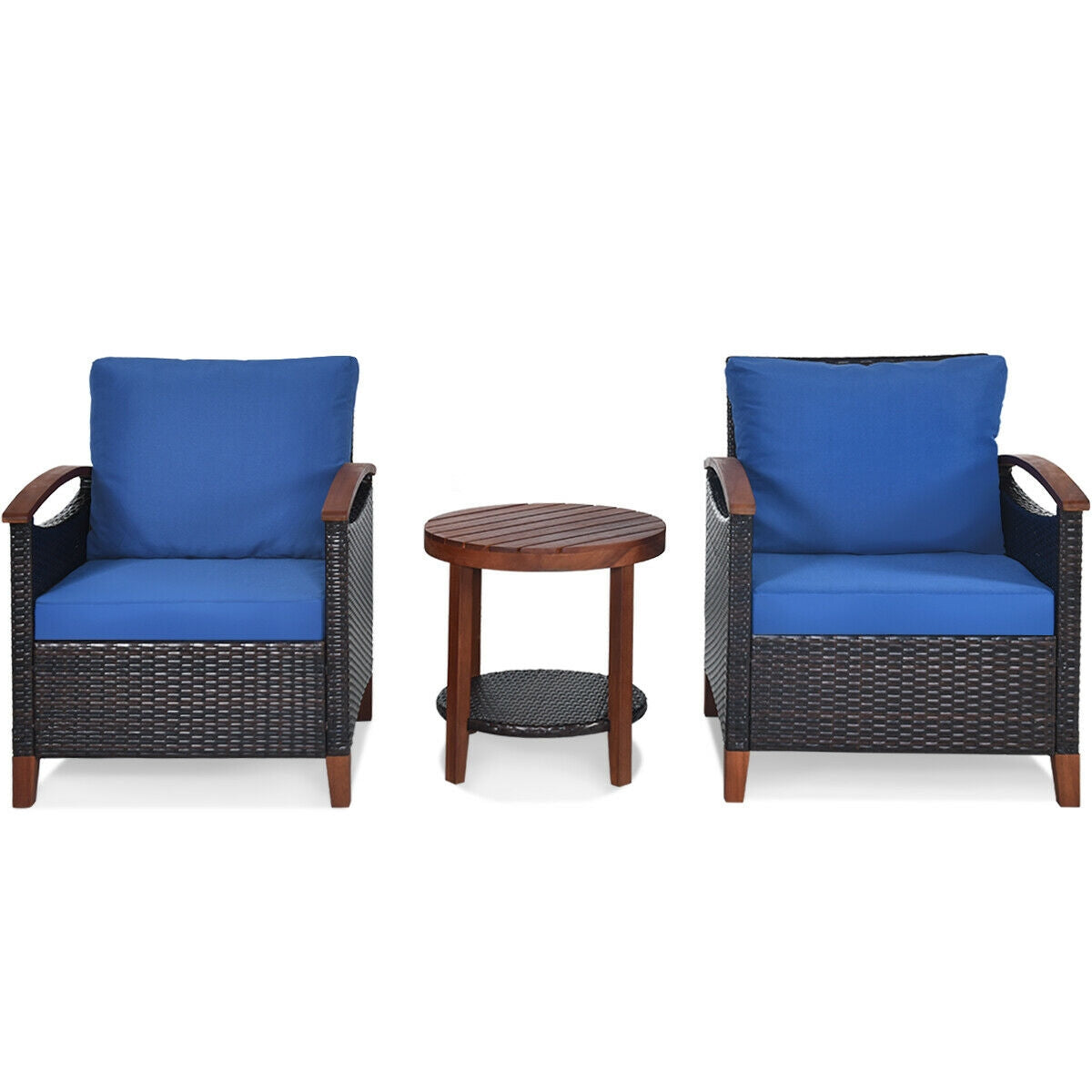 3 Pcs Solid Wood Frame Patio Rattan Furniture Set-BlueÂ 