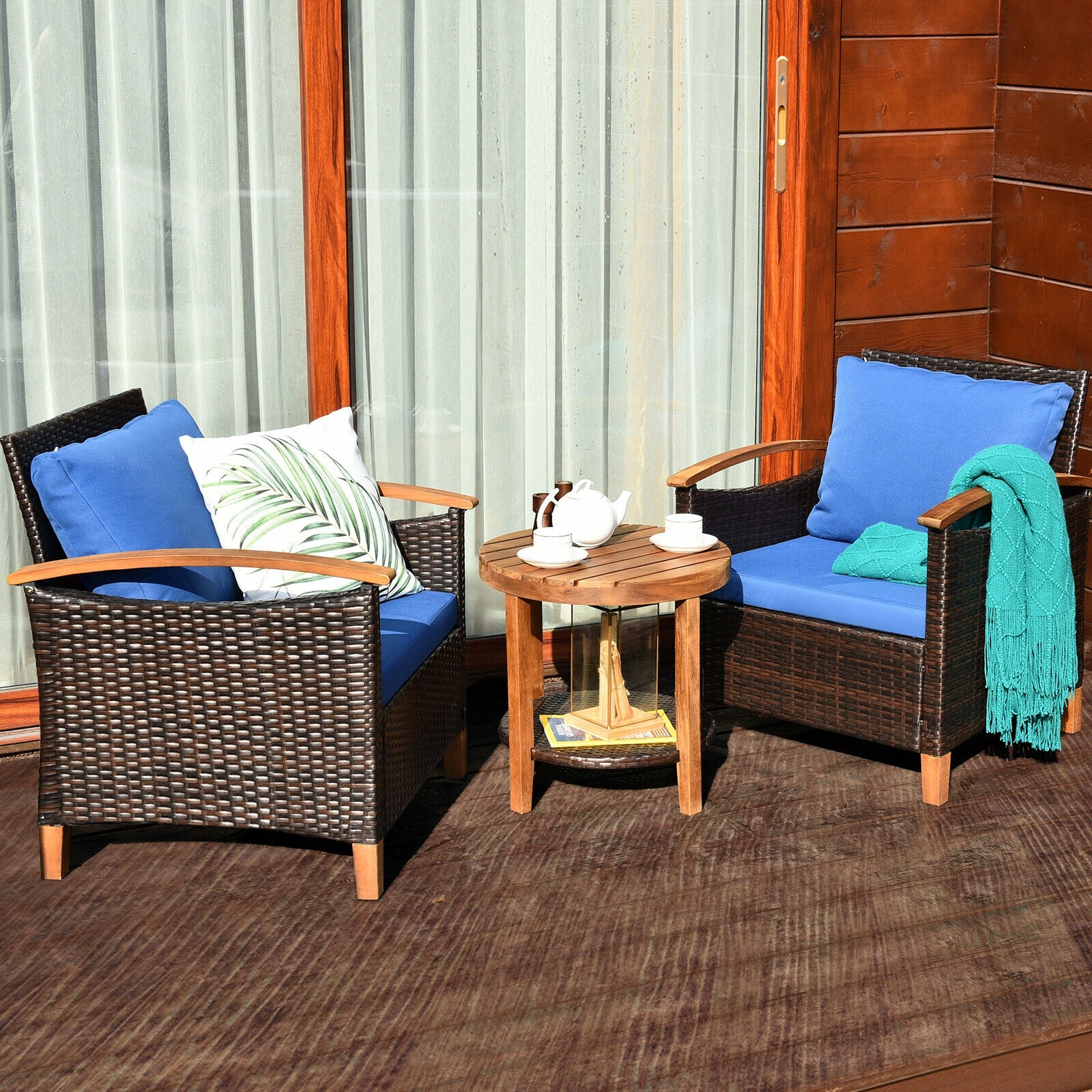 3 Pcs Solid Wood Frame Patio Rattan Furniture Set-Blue