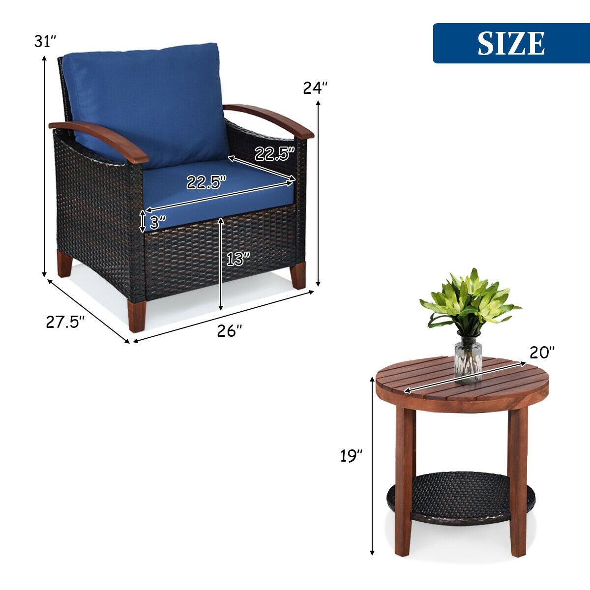 3 Pcs Solid Wood Frame Patio Rattan Furniture Set-BlueÂ 