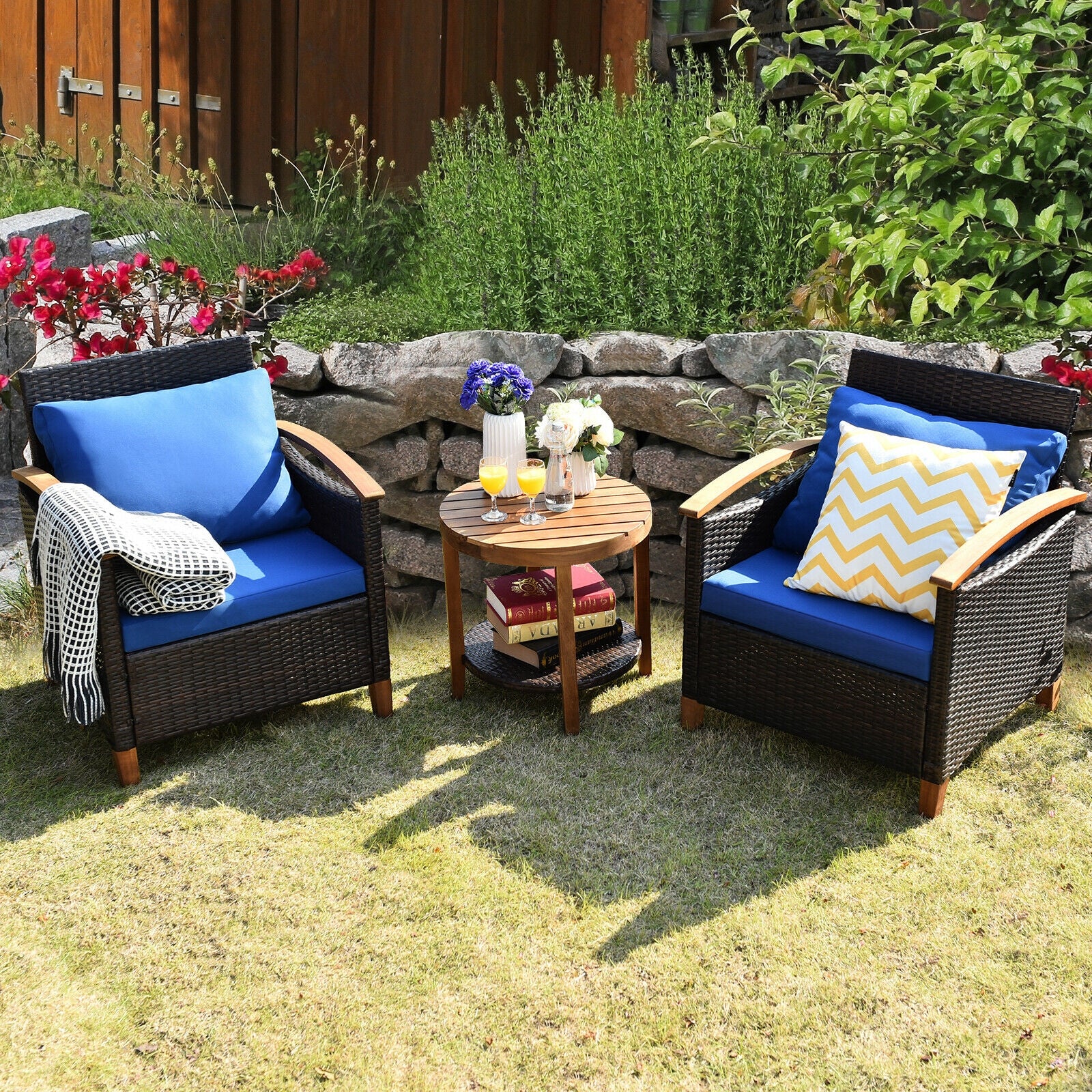 3 Pcs Solid Wood Frame Patio Rattan Furniture Set-BlueÂ 