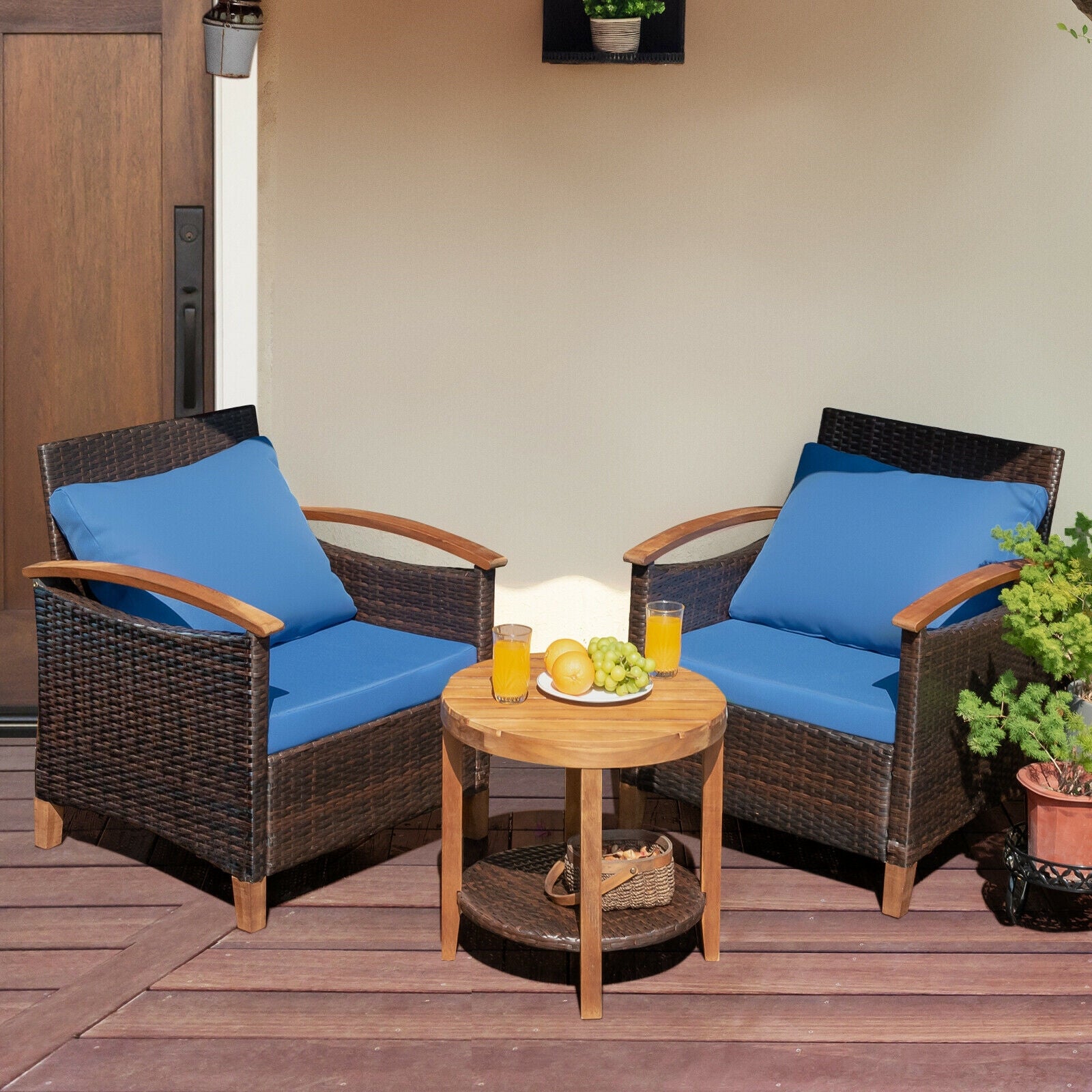 3 Pcs Solid Wood Frame Patio Rattan Furniture Set-BlueÂ 