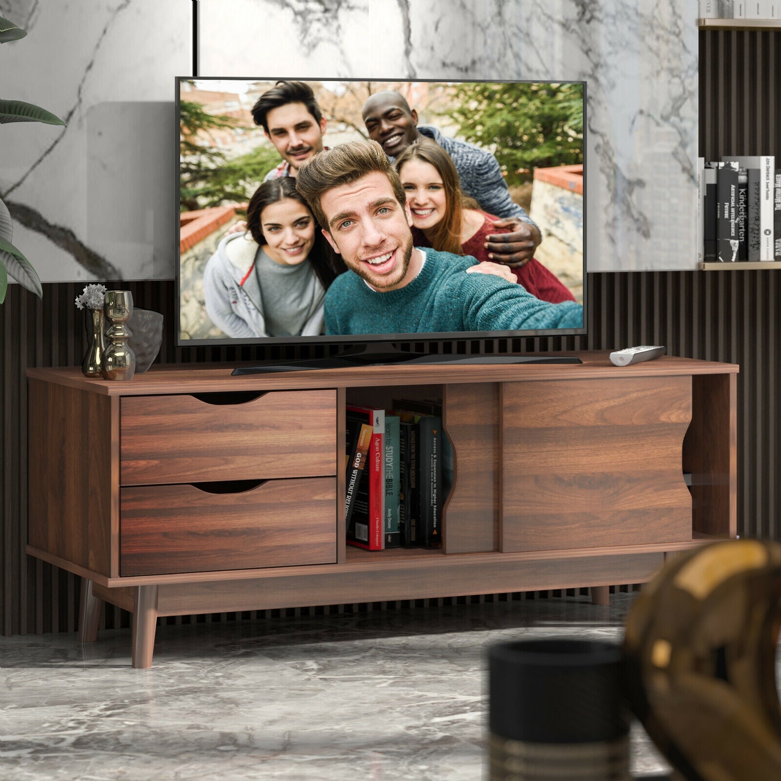 TV Stand for TV up to 60 Inch Media Console Table Storage with Doors-Walnut