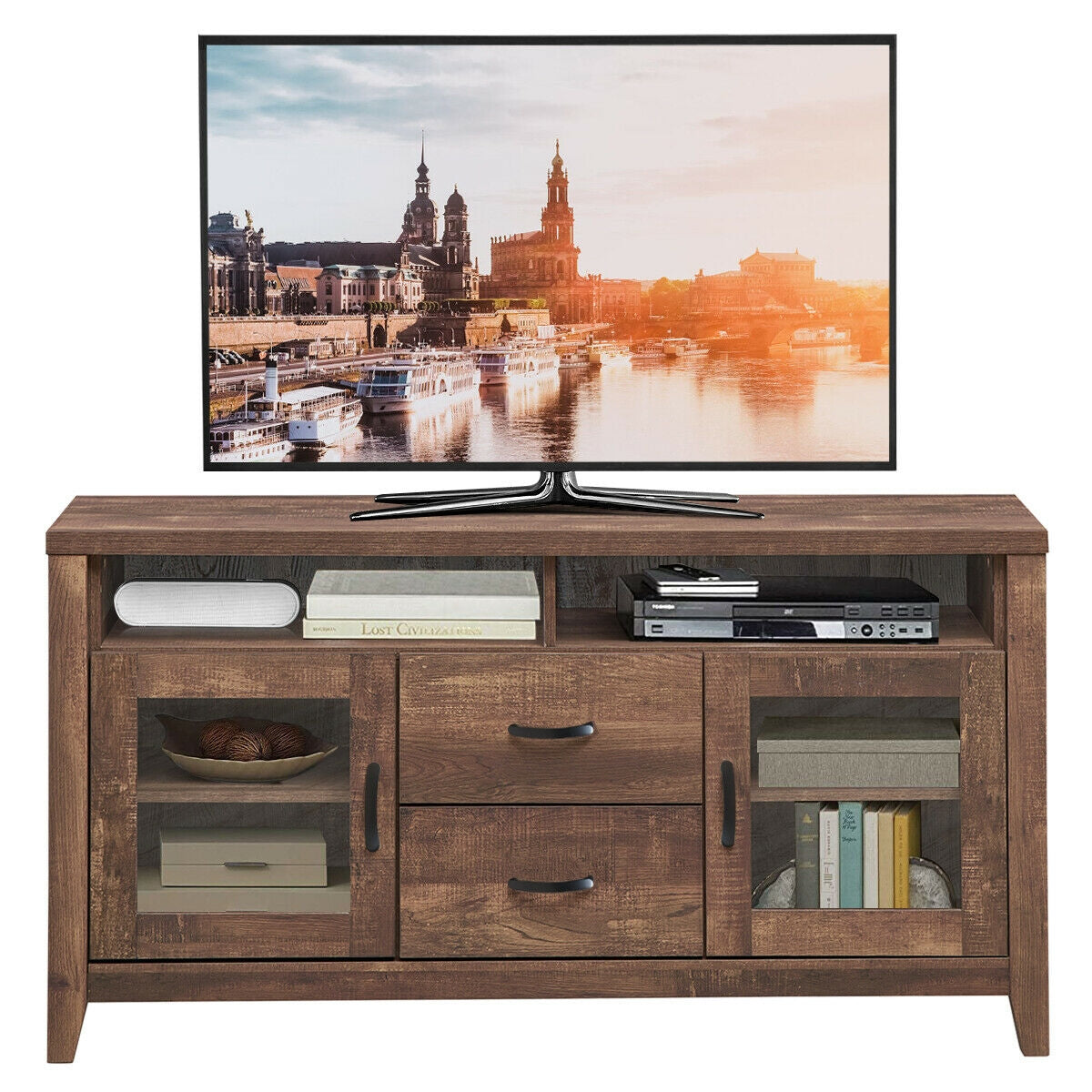 Wooden Retro TV Stand with Drawers and Tempered Glass Doors