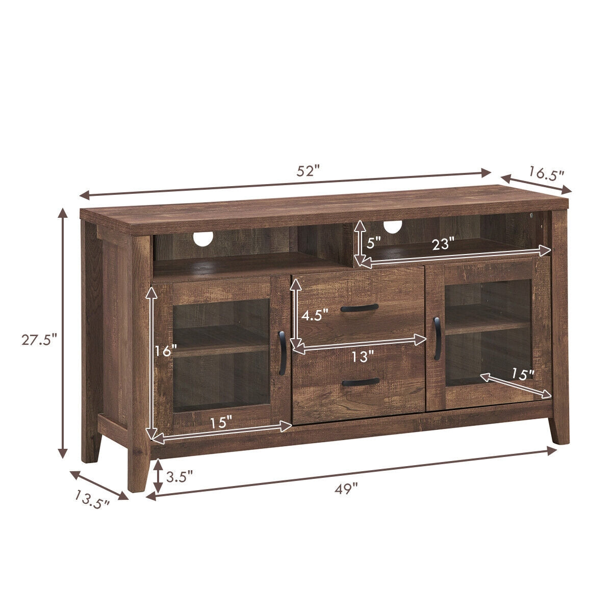 Wooden Retro TV Stand with Drawers and Tempered Glass Doors