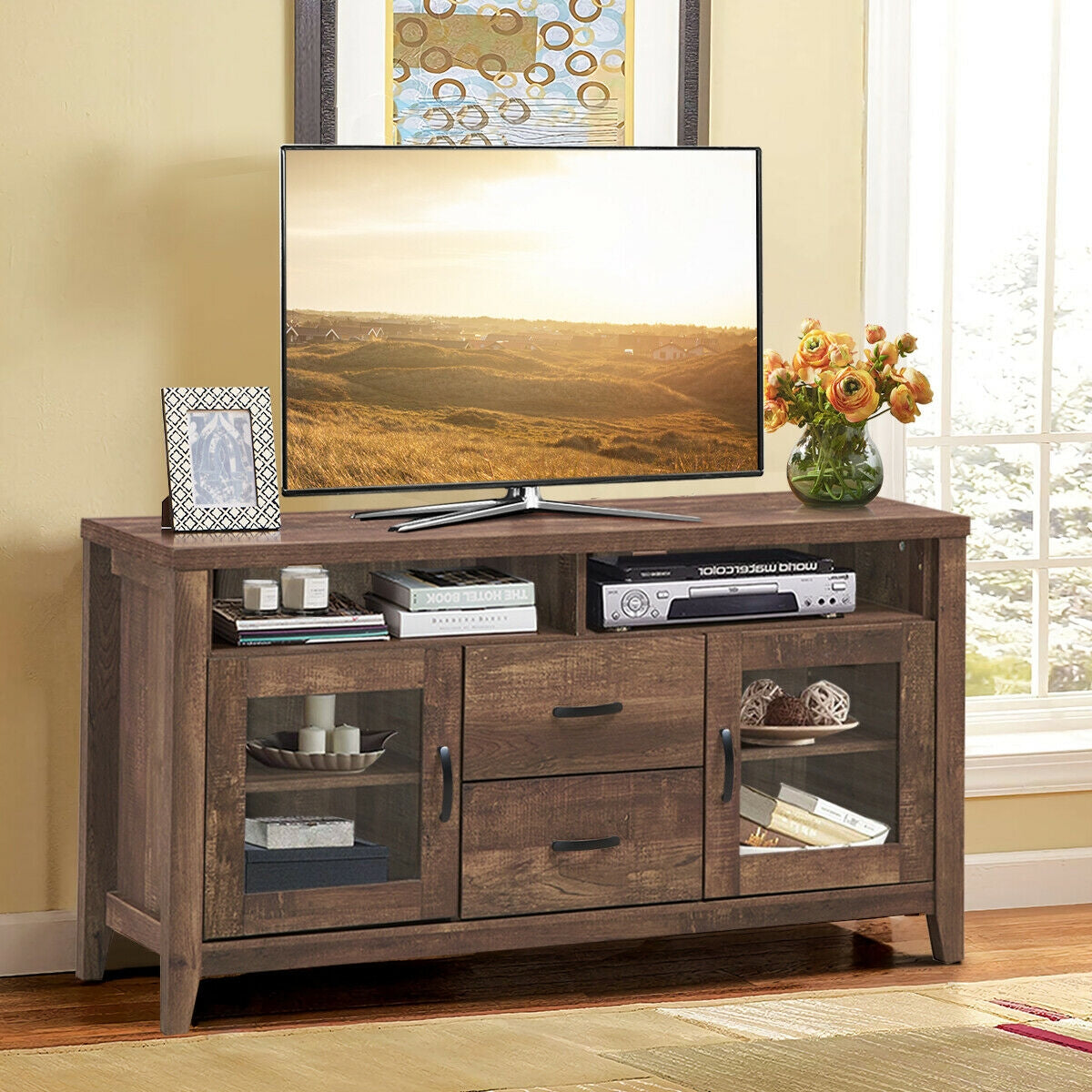 Wooden Retro TV Stand with Drawers and Tempered Glass Doors