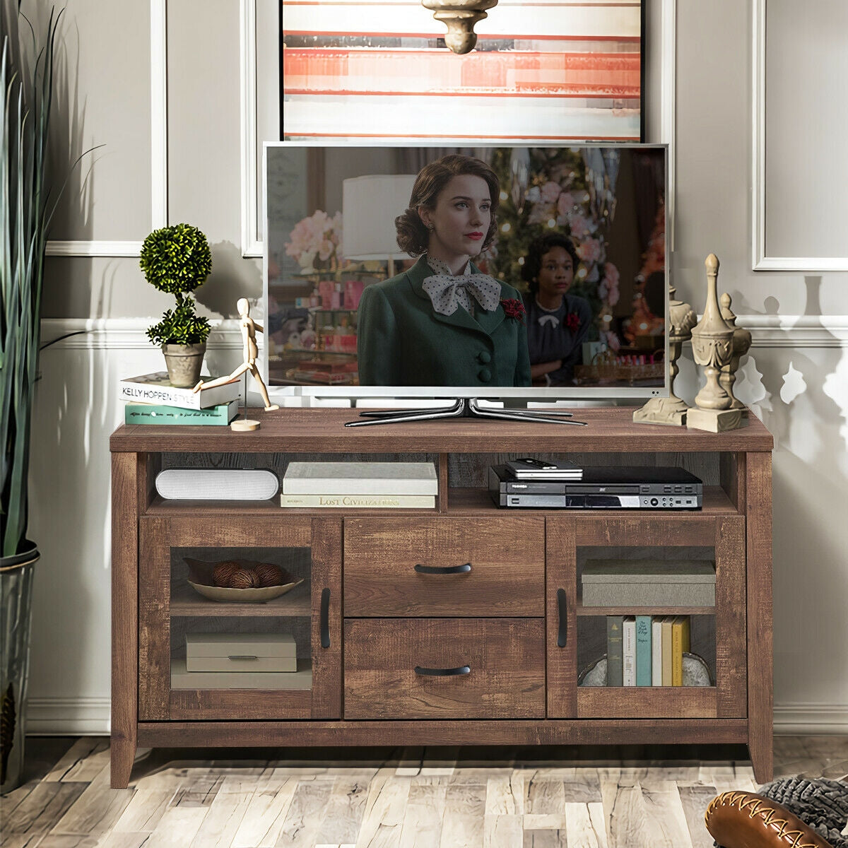 Wooden Retro TV Stand with Drawers and Tempered Glass Doors