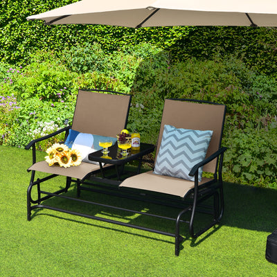 2-Person Double Rocking Loveseat with Mesh Fabric and Center Tempered Glass TableÂ 