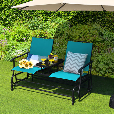 2-Person Double Rocking Loveseat with Mesh Fabric and Center Tempered Glass Table-TurquoiseÂ 