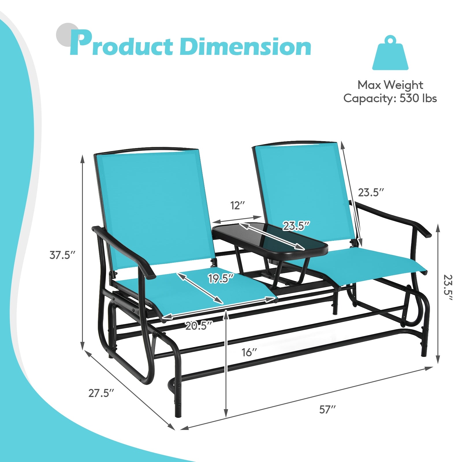 2-Person Double Rocking Loveseat with Mesh Fabric and Center Tempered Glass Table-Turquoise