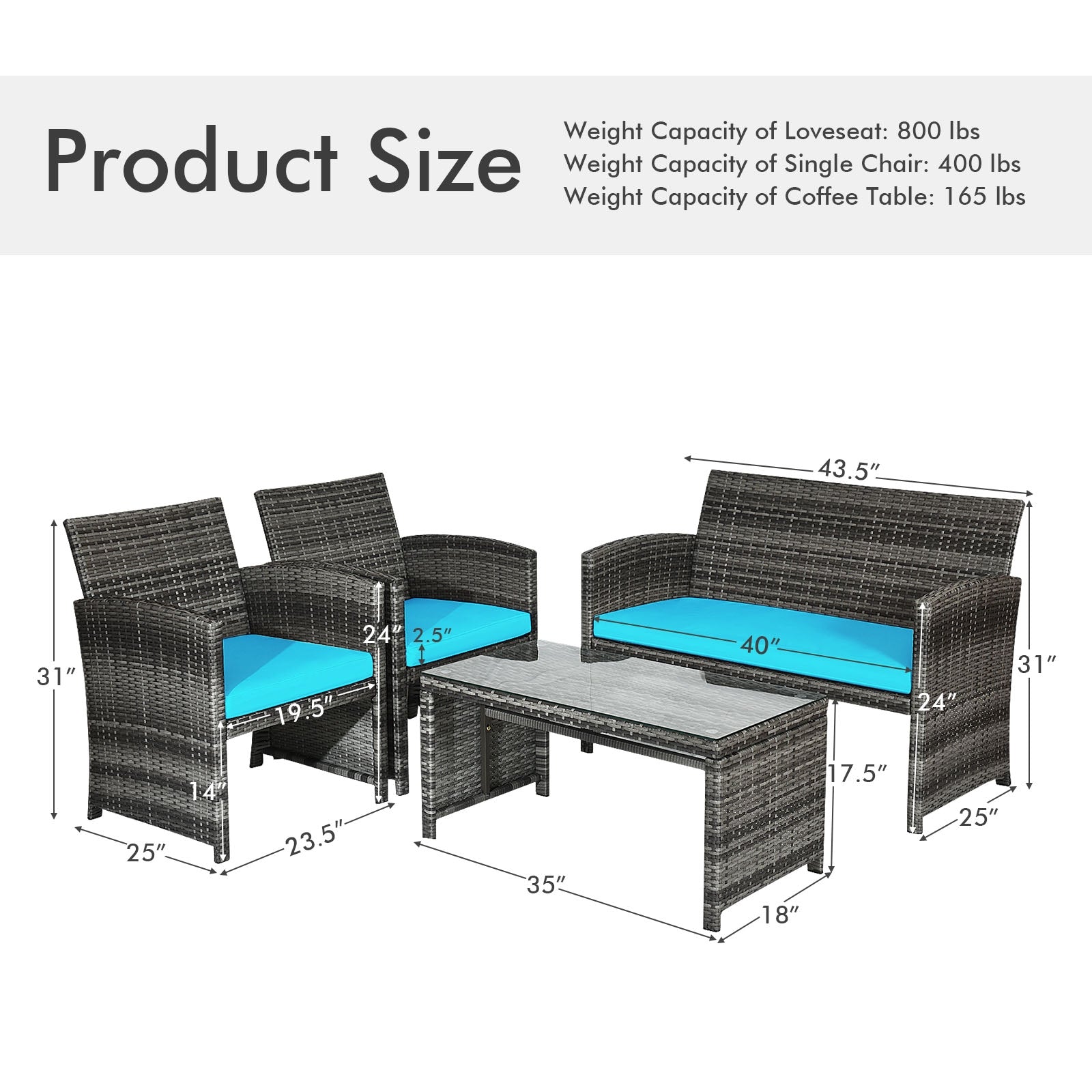 4 Pieces Patio Rattan Furniture Set with Cushions-TurquoiseÂ 