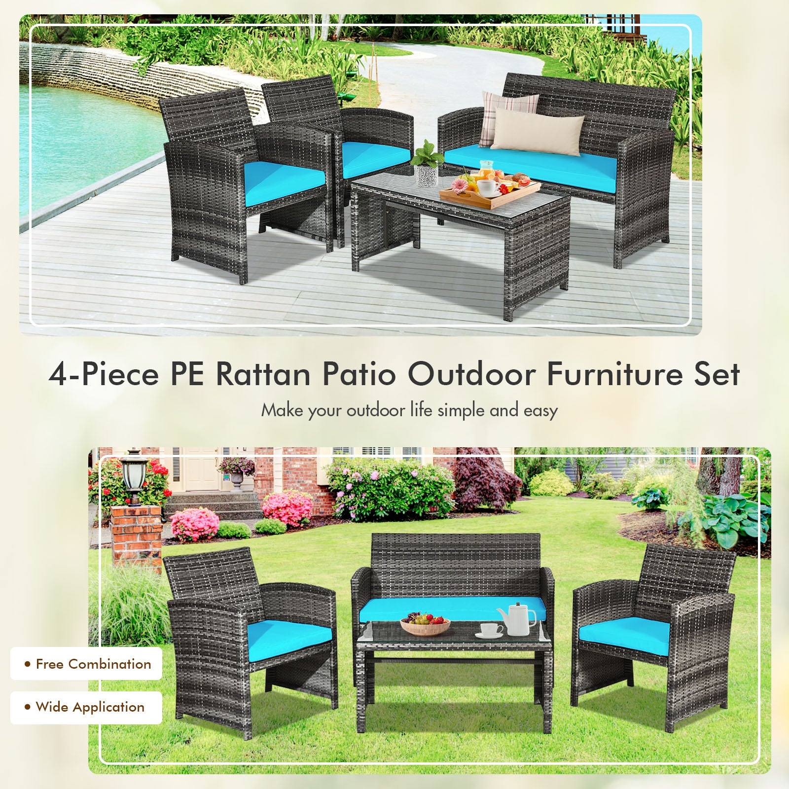 4 Pieces Patio Rattan Furniture Set with Cushions-TurquoiseÂ 