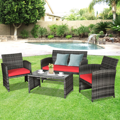 4 Pieces Patio Rattan Furniture Set with Cushions-RedÂ 