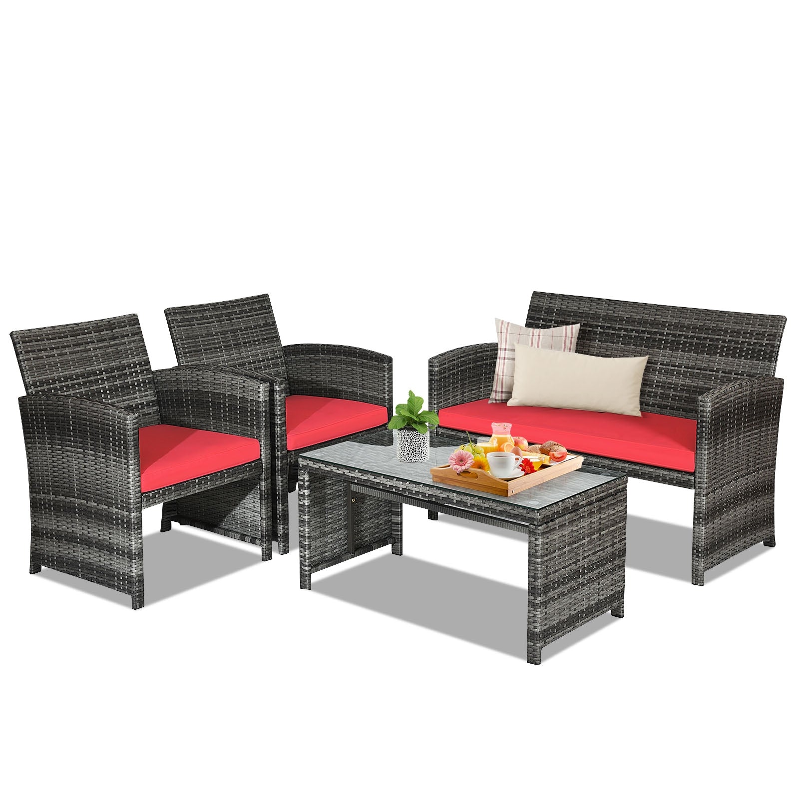 4 Pieces Patio Rattan Furniture Set with Cushions-RedÂ 