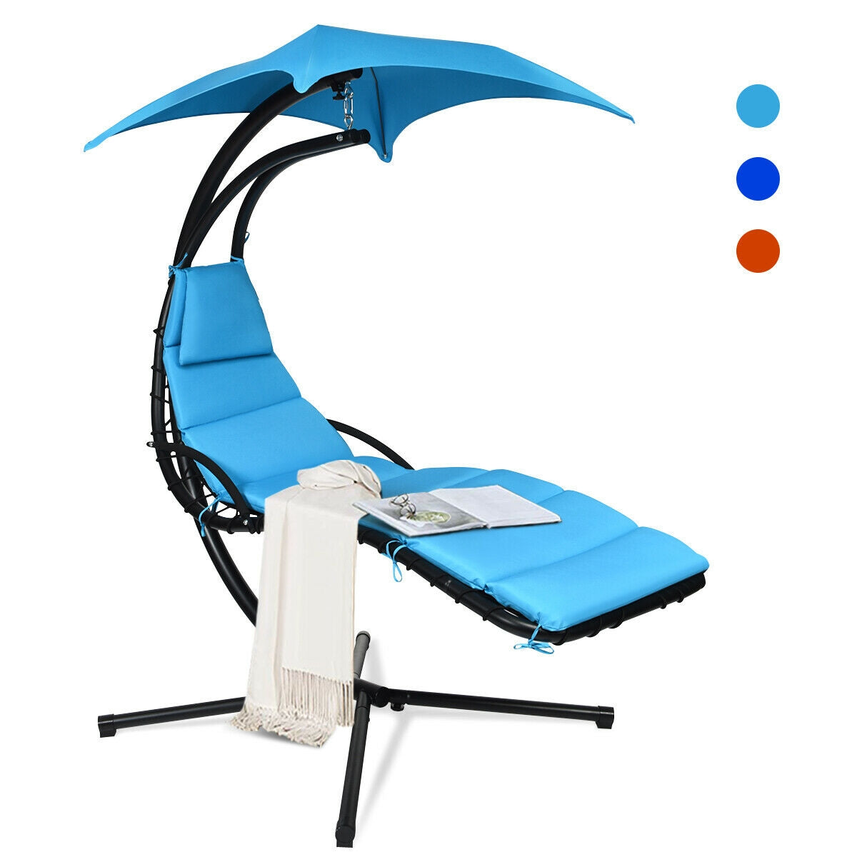 Hanging Stand Chaise Lounger Swing Chair with Pillow-Blue