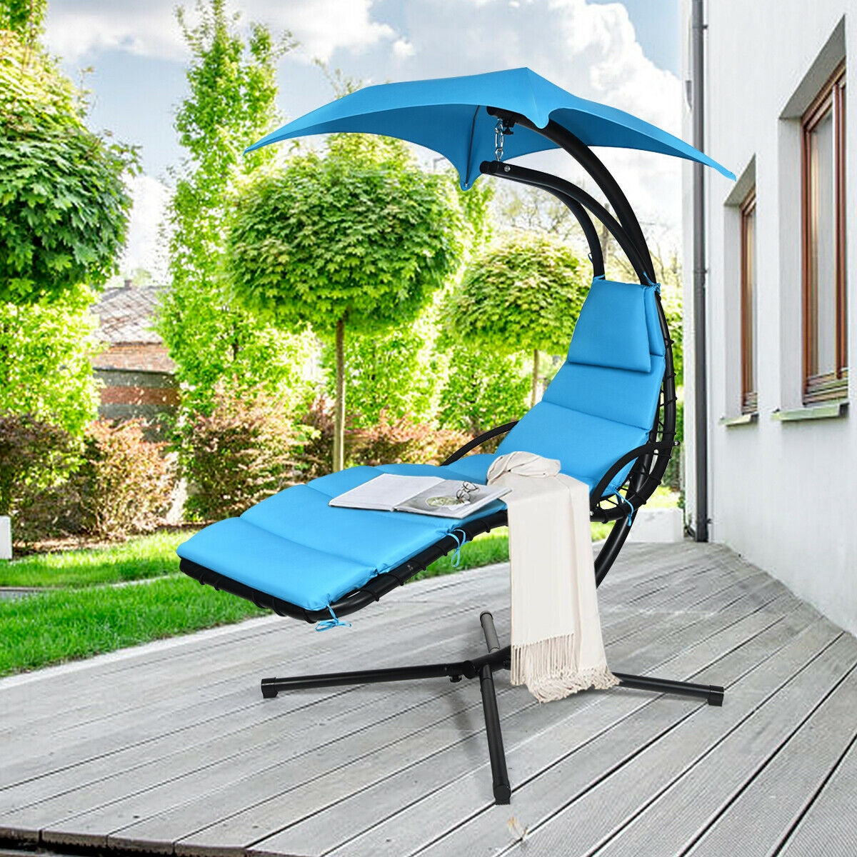 Hanging Stand Chaise Lounger Swing Chair with Pillow-Blue