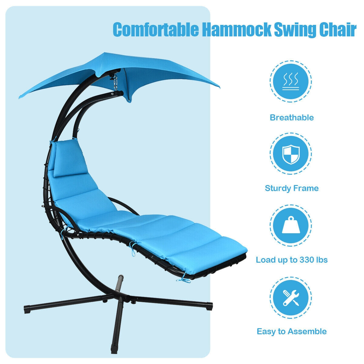 Hanging Stand Chaise Lounger Swing Chair with Pillow-Blue