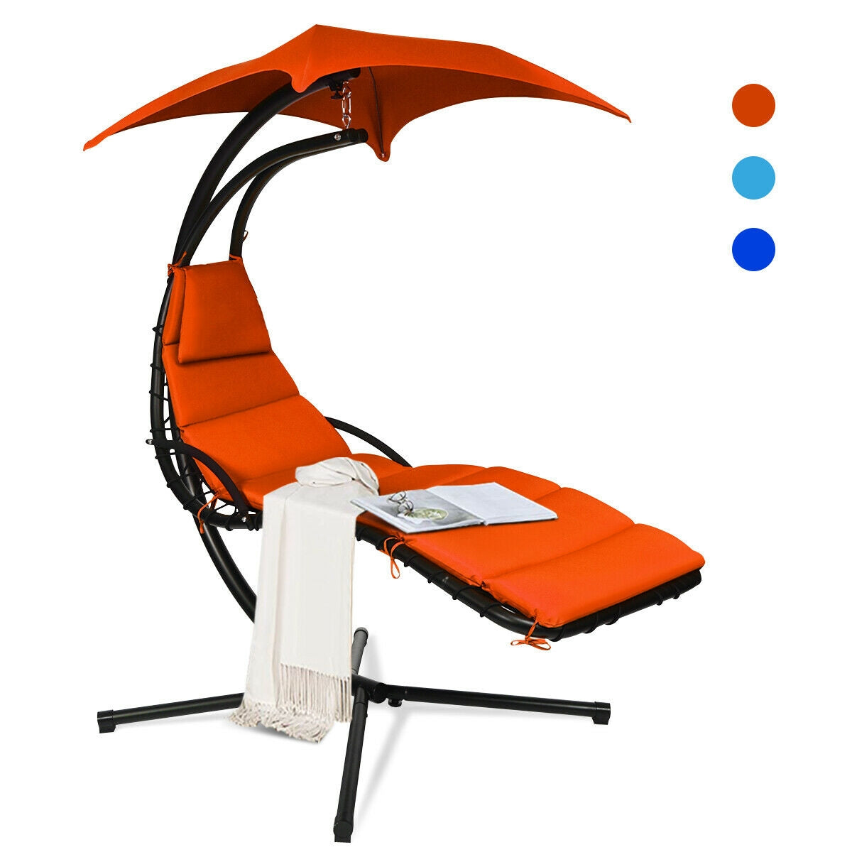 Hanging Stand Chaise Lounger Swing Chair with Pillow-Orange