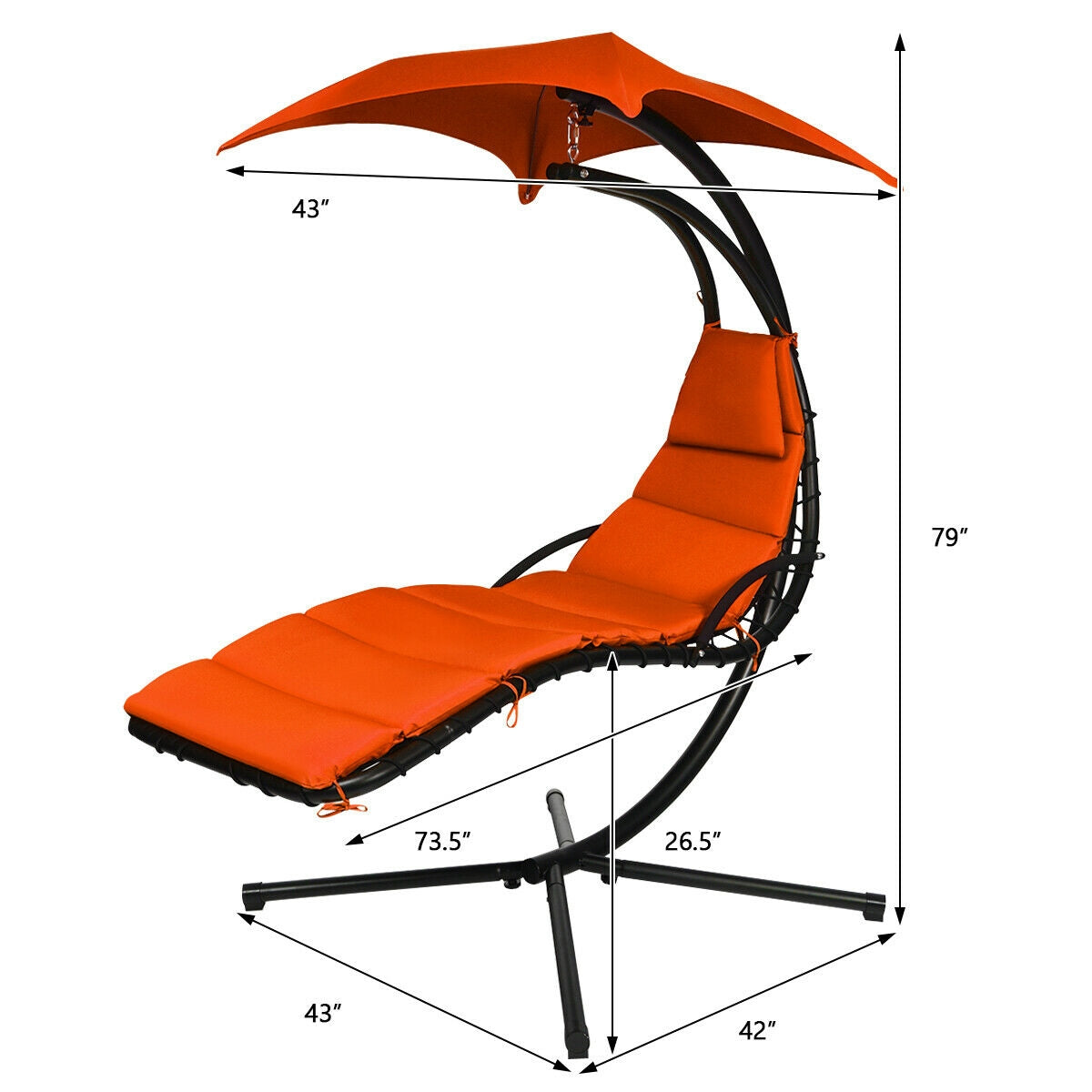 Hanging Stand Chaise Lounger Swing Chair with Pillow-Orange