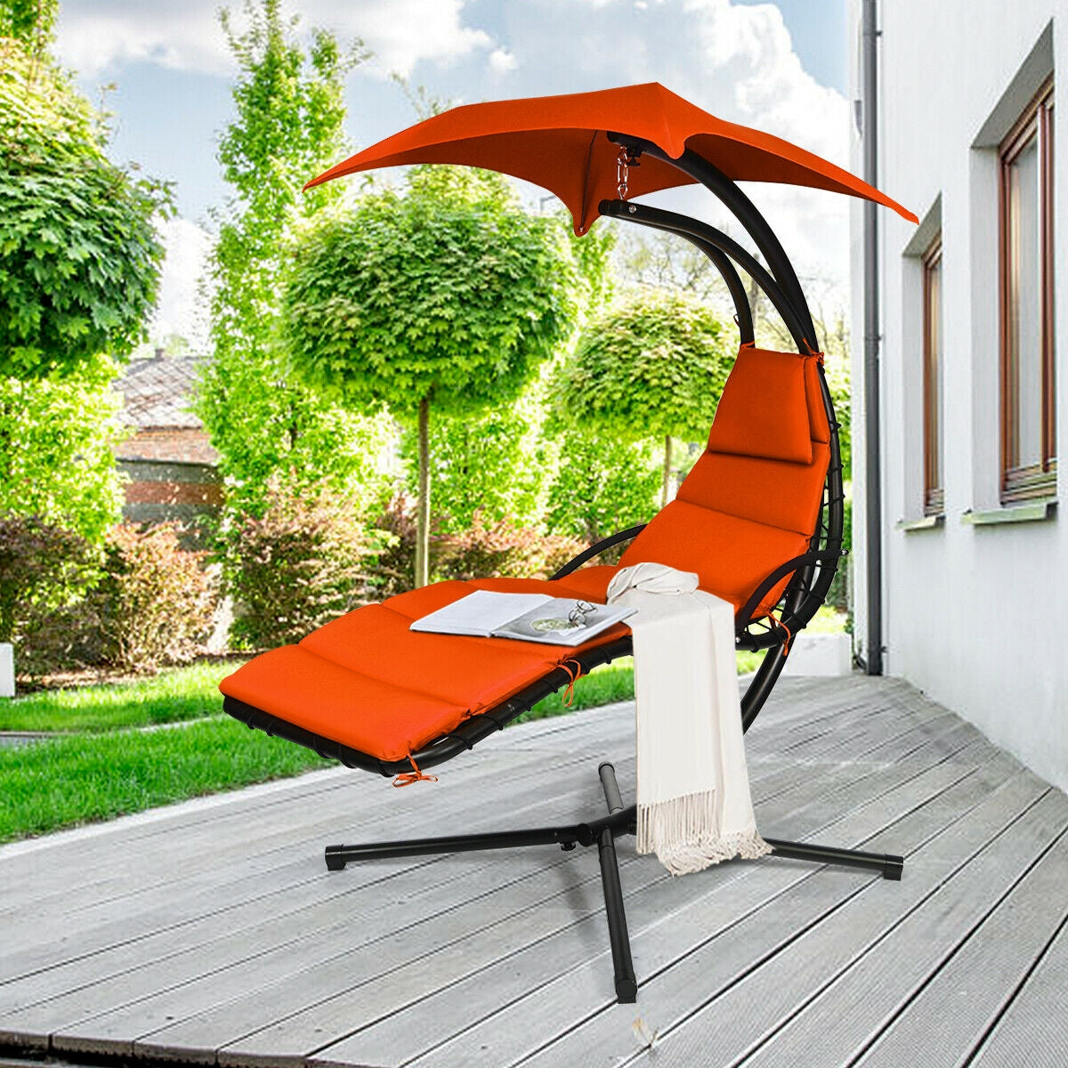 Hanging Stand Chaise Lounger Swing Chair with Pillow-Orange