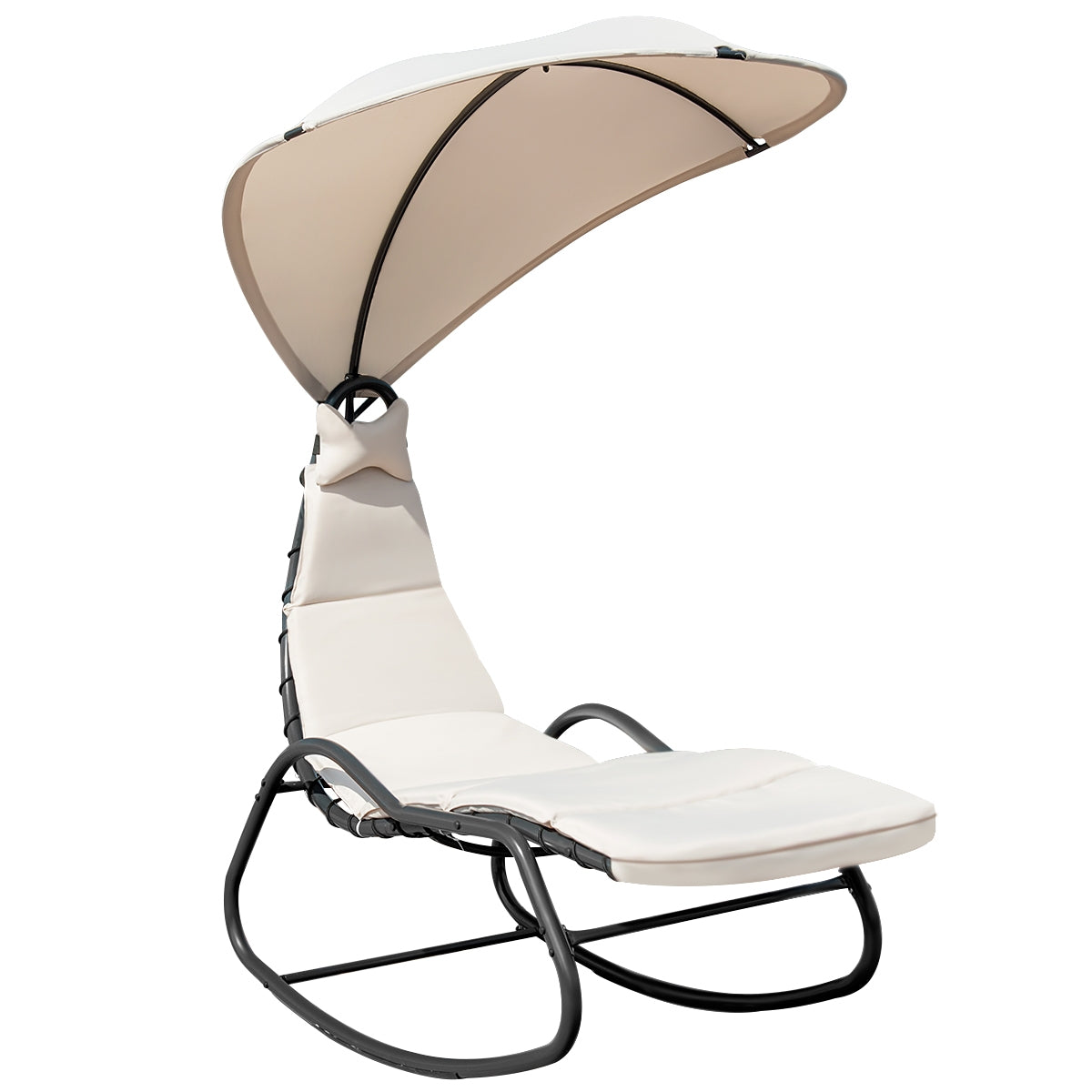 Chaise Lounge Swing with Wide Canopy Sun Shade and Soft Cushion-BeigeÂ 