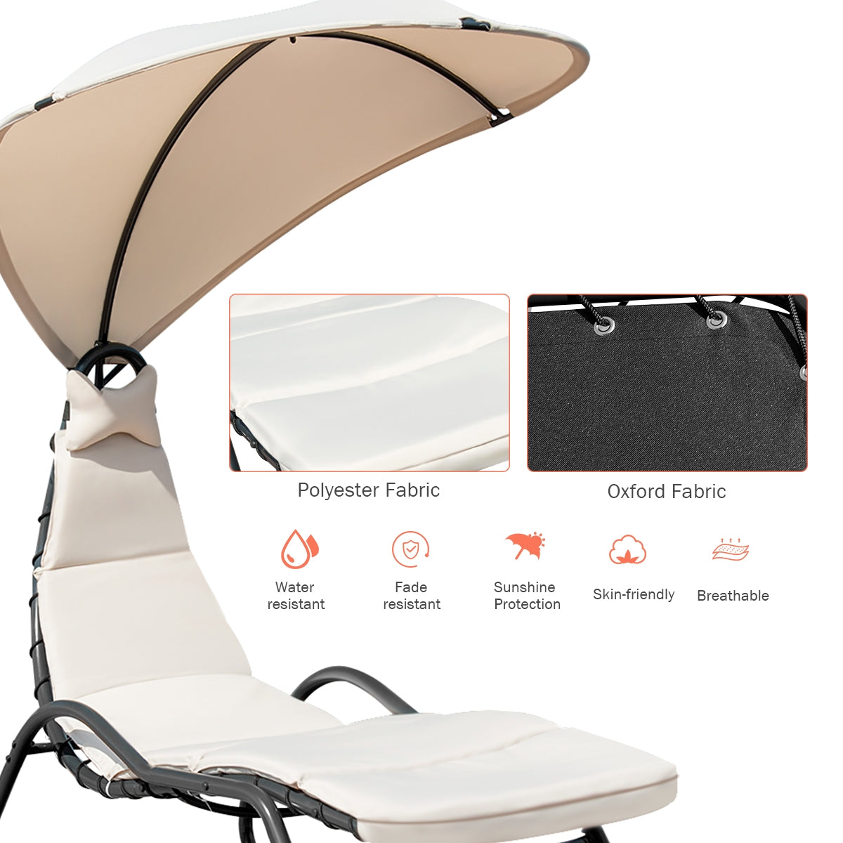 Chaise Lounge Swing with Wide Canopy Sun Shade and Soft Cushion-BeigeÂ 