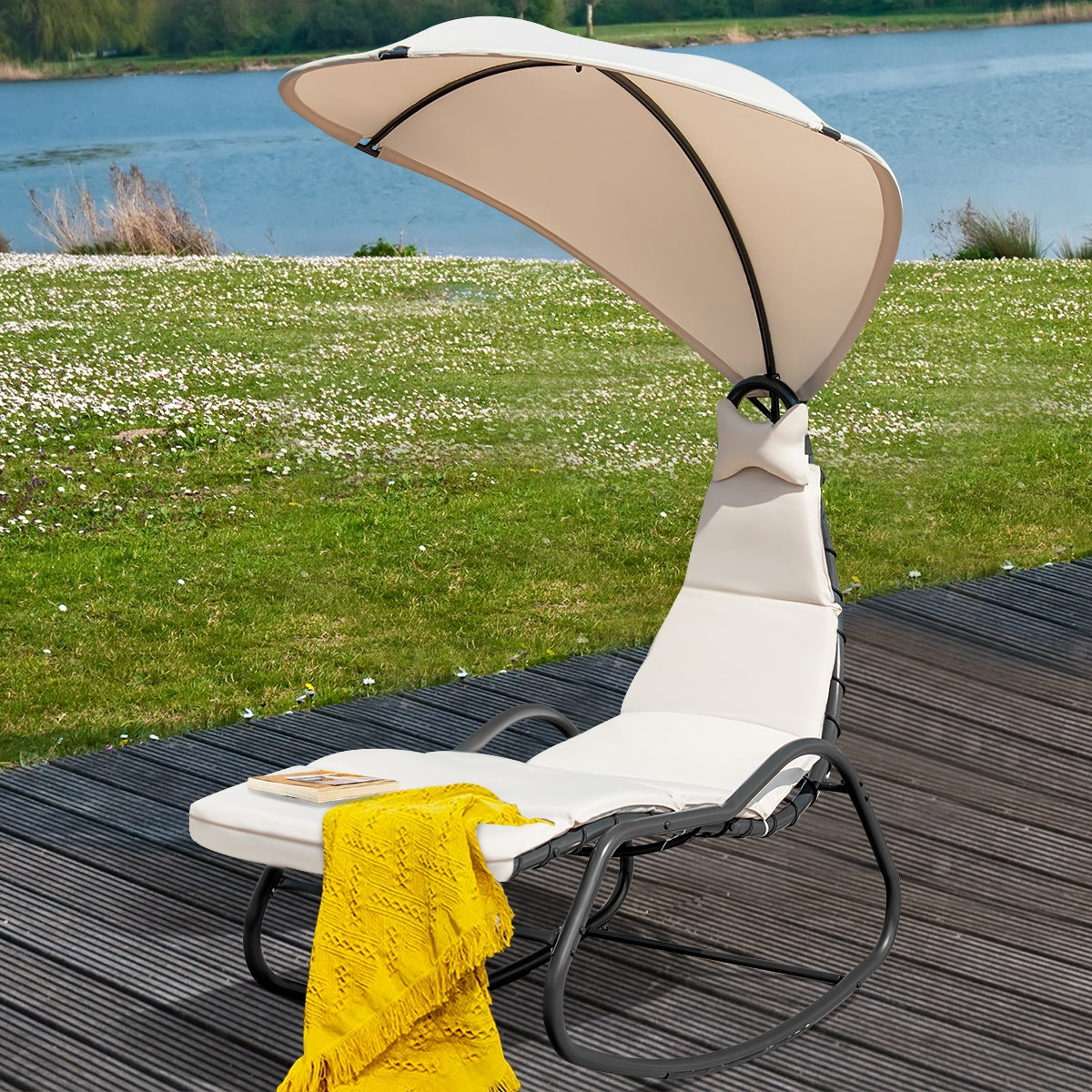 Chaise Lounge Swing with Wide Canopy Sun Shade and Soft Cushion-BeigeÂ 