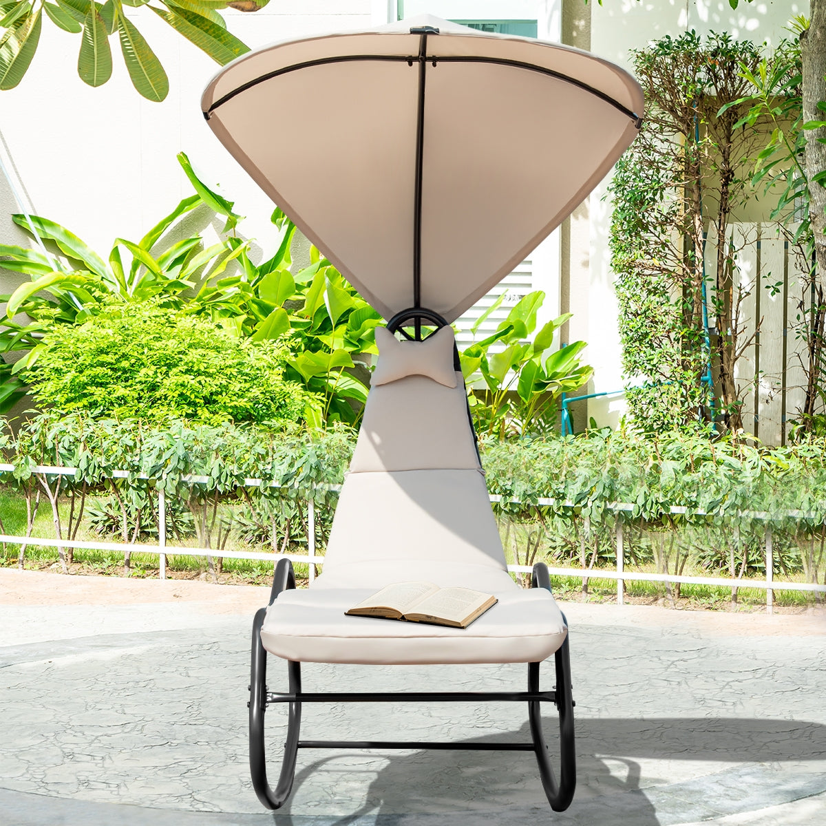 Chaise Lounge Swing with Wide Canopy Sun Shade and Soft Cushion-BeigeÂ 