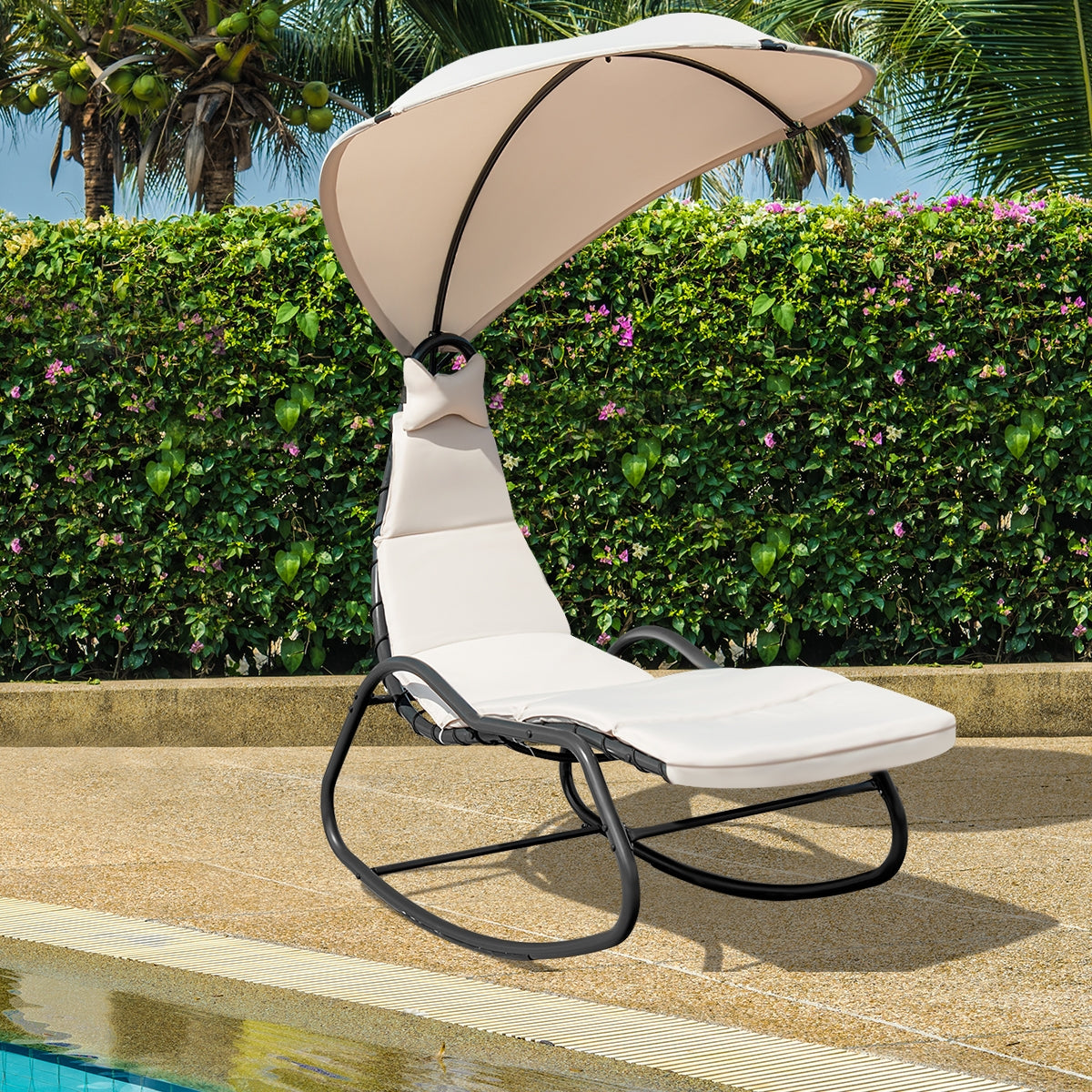 Chaise Lounge Swing with Wide Canopy Sun Shade and Soft Cushion-BeigeÂ 