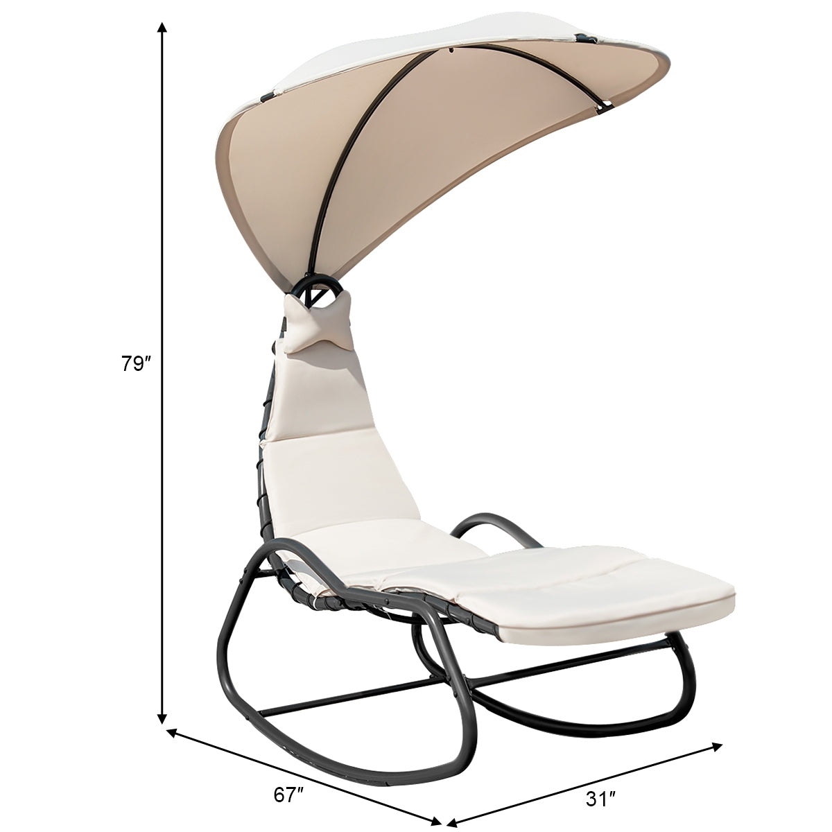 Chaise Lounge Swing with Wide Canopy Sun Shade and Soft Cushion-BeigeÂ 