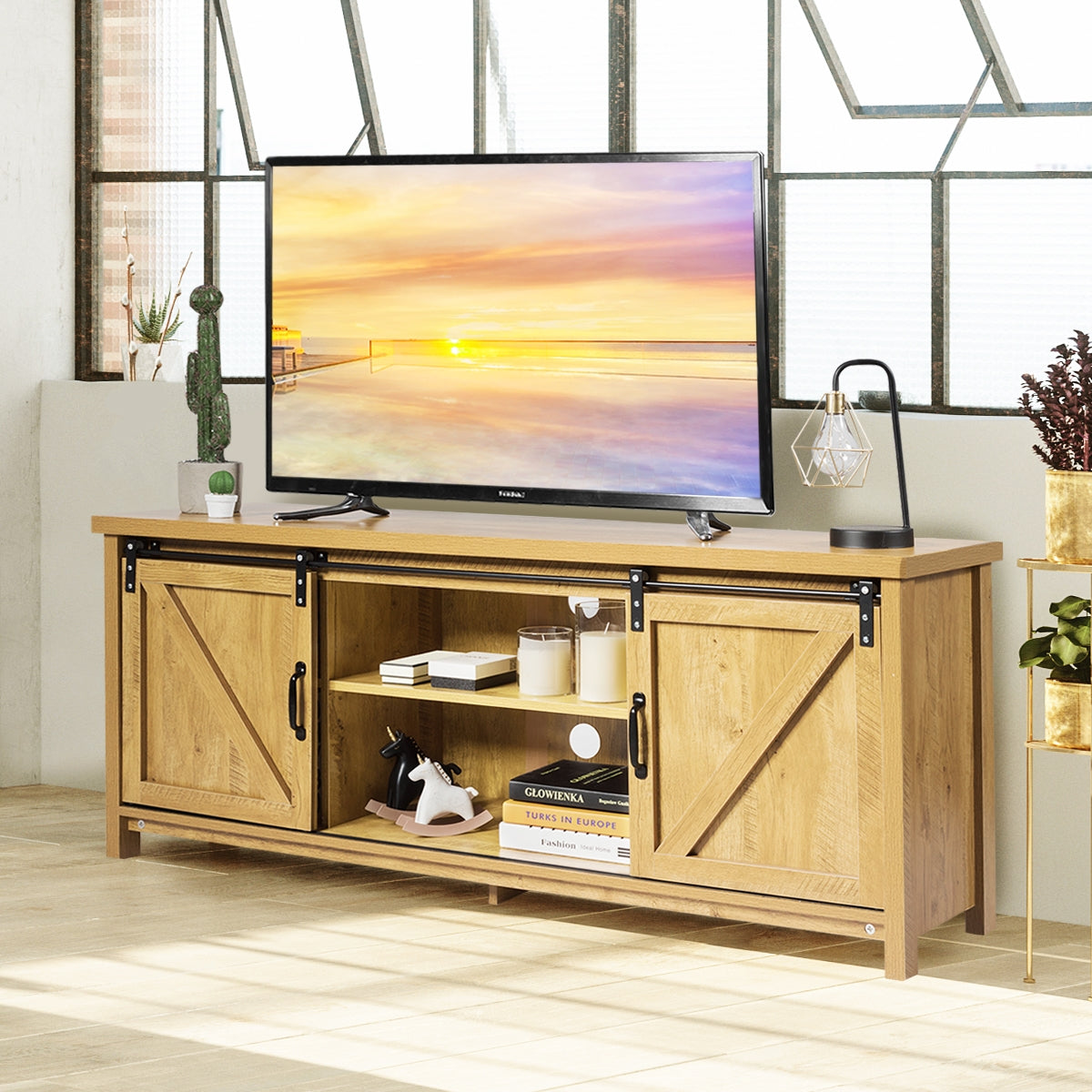 TV Stand Media Center Console Cabinet with Sliding Barn Door- Oak