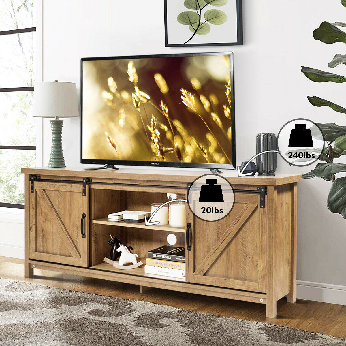 TV Stand Media Center Console Cabinet with Sliding Barn Door- Oak