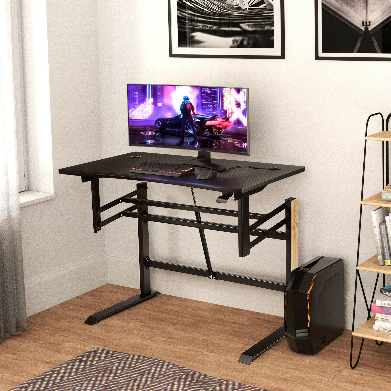 Pneumatic Height Adjustable Gaming Desk T Shaped Game Station with Power Strip Tray-BlackÂ 