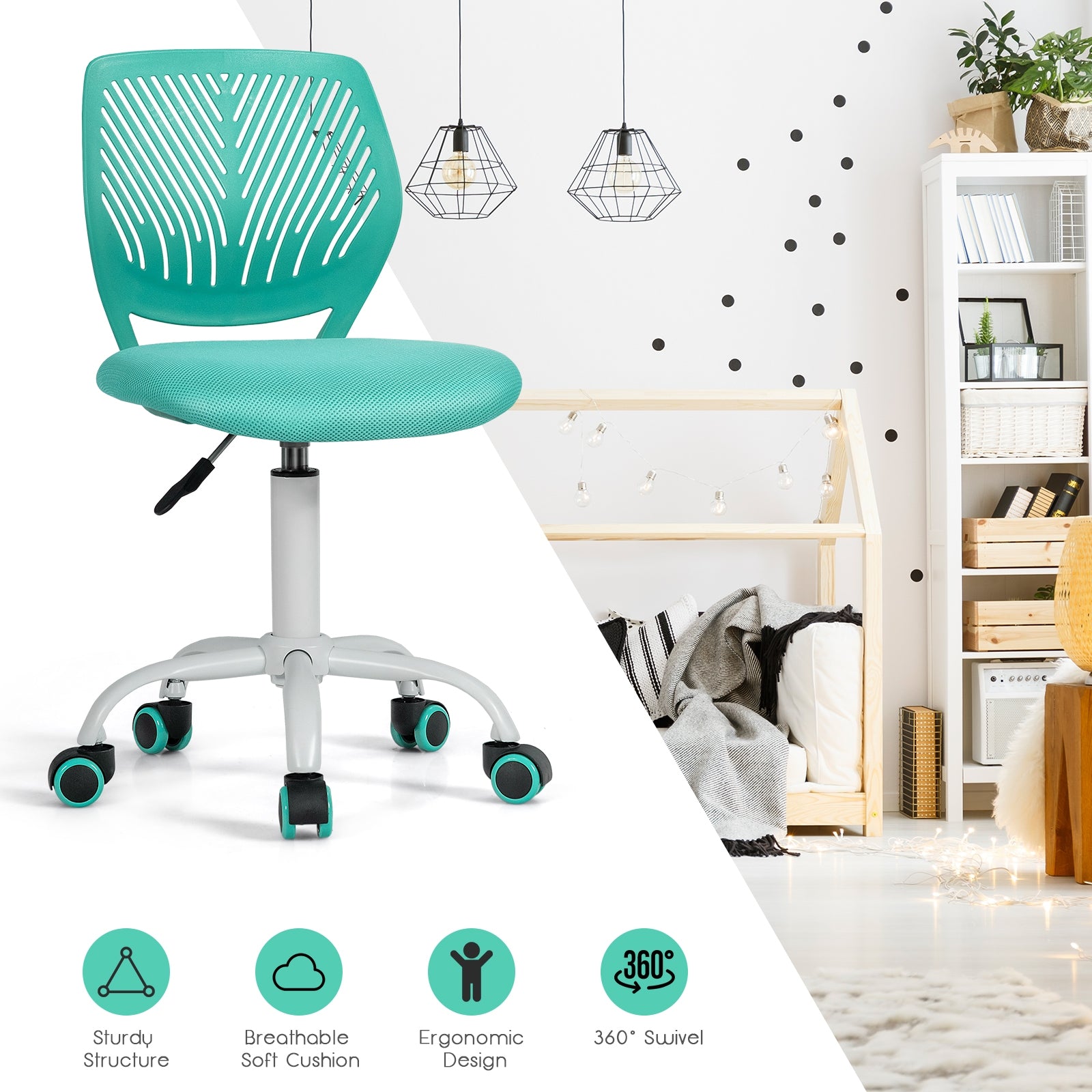 Kids Desk Chair with Adjustable Height and Lumbar Support-Turquoise