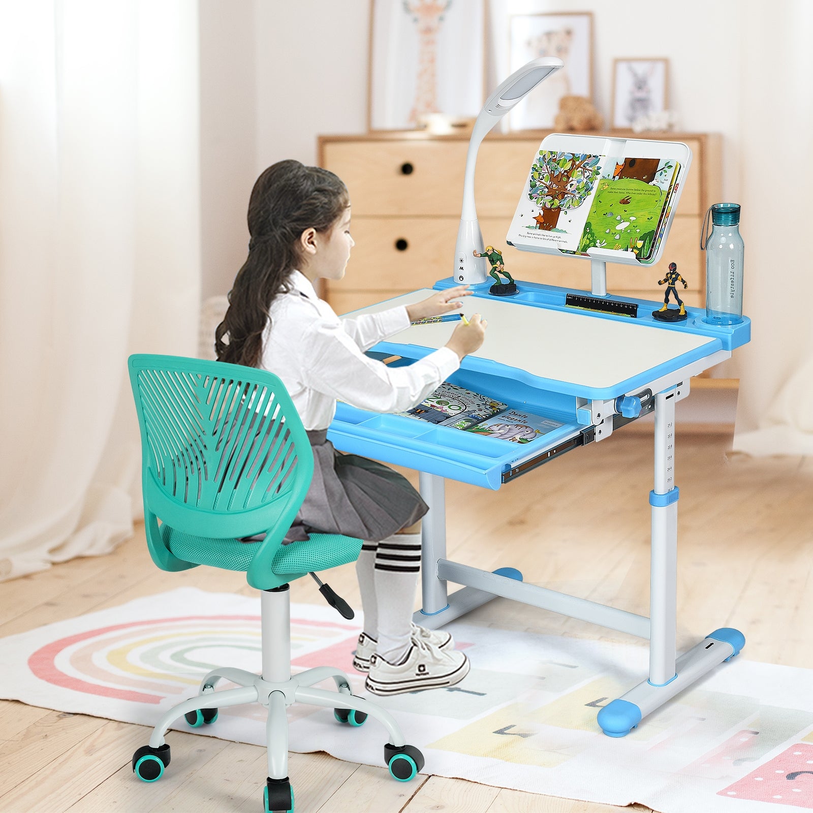 Kids Desk Chair with Adjustable Height and Lumbar Support-Turquoise