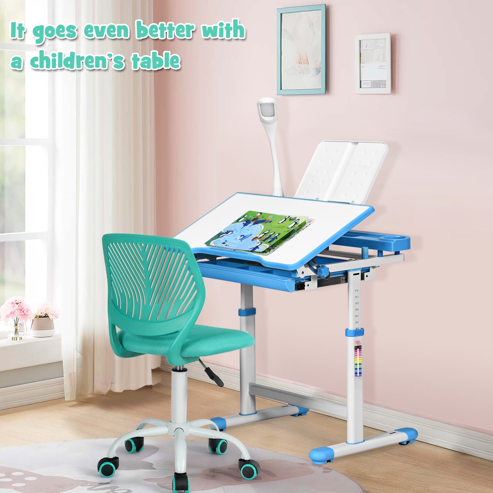 Kids Desk Chair with Adjustable Height and Lumbar Support-Turquoise