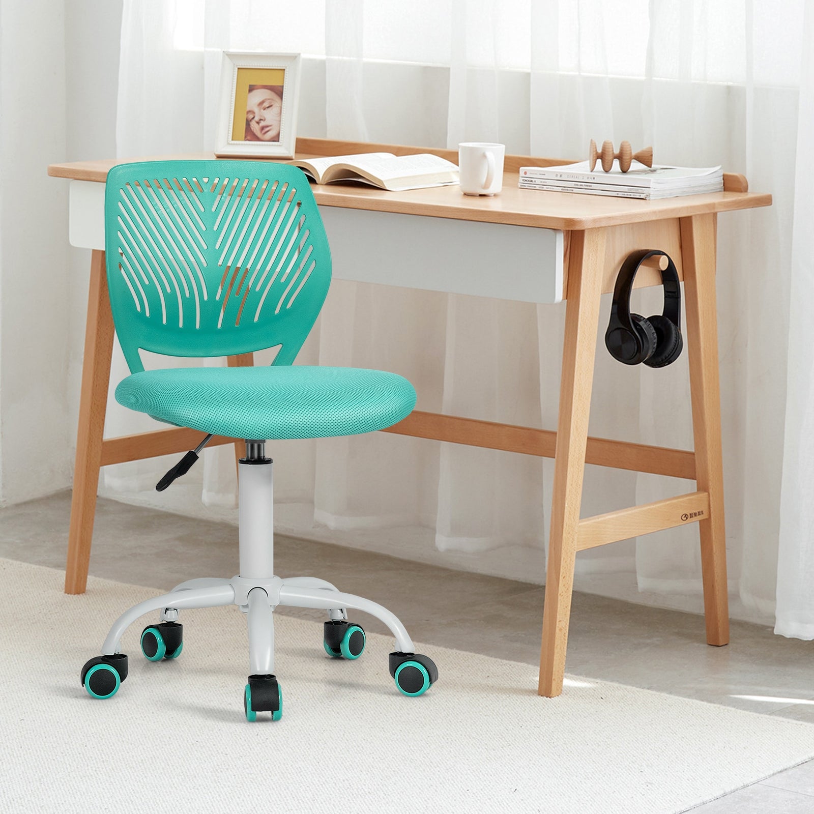 Kids Desk Chair with Adjustable Height and Lumbar Support-Turquoise