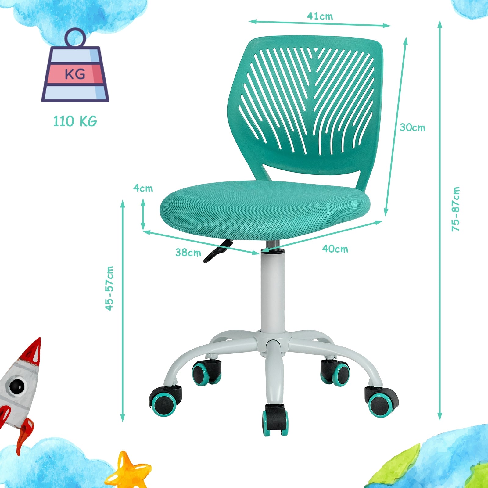 Kids Desk Chair with Adjustable Height and Lumbar Support-Turquoise