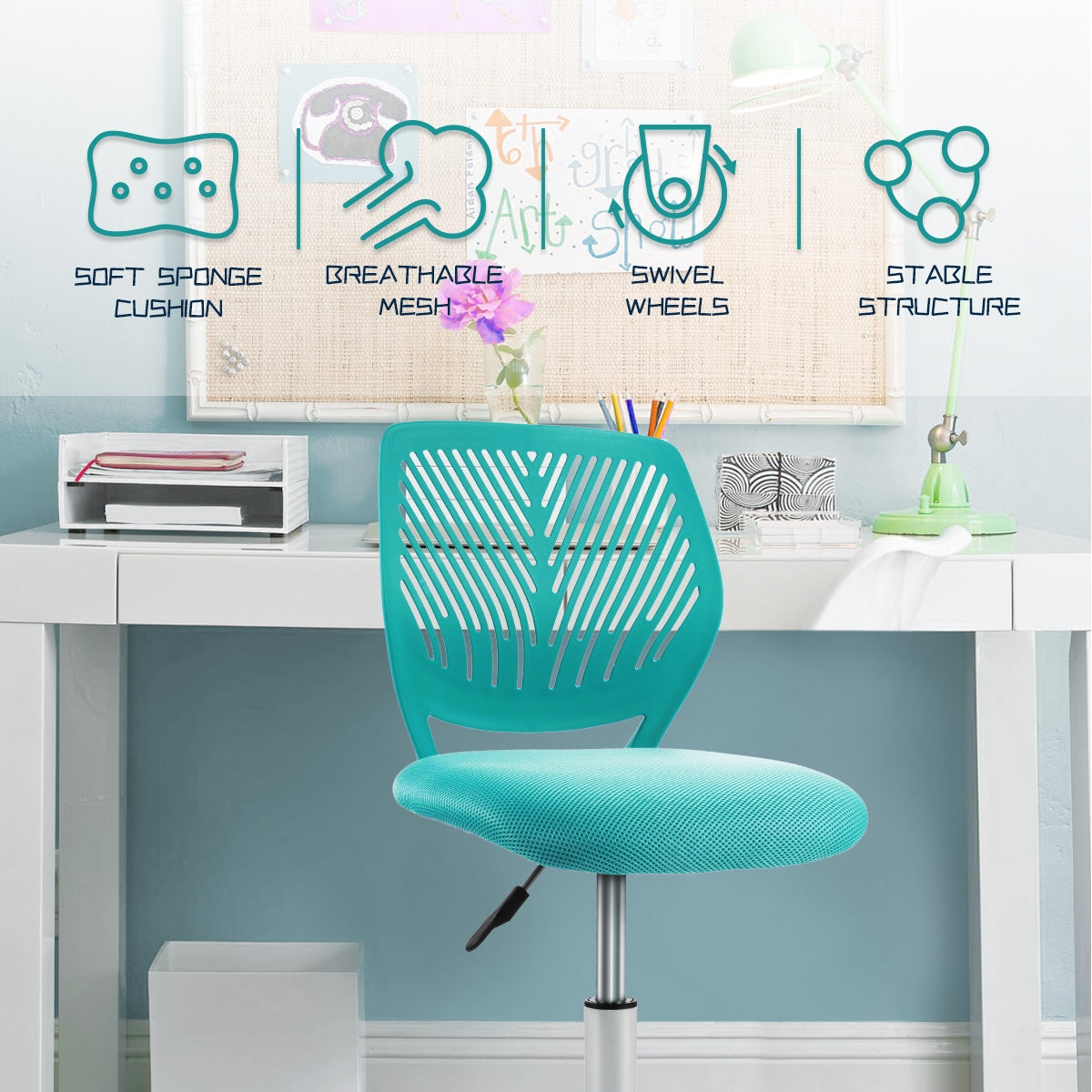 Kids Desk Chair with Adjustable Height and Lumbar Support-Turquoise