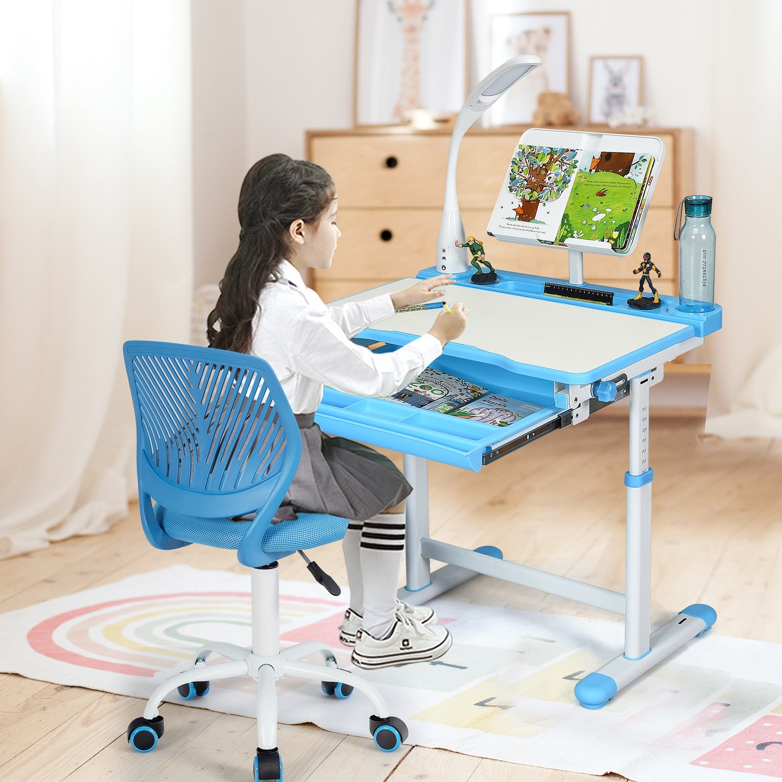 Kids Desk Chair with Adjustable Height and Lumbar Support-Blue