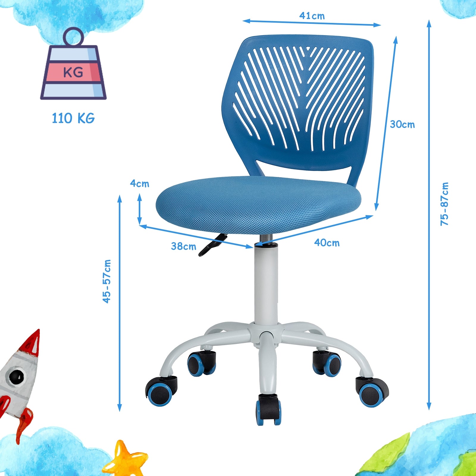 Kids Desk Chair with Adjustable Height and Lumbar Support-Blue