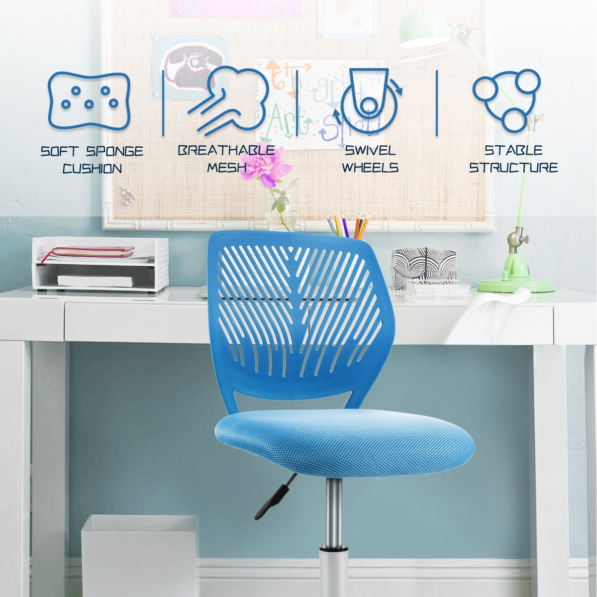 Kids Desk Chair with Adjustable Height and Lumbar Support-Blue