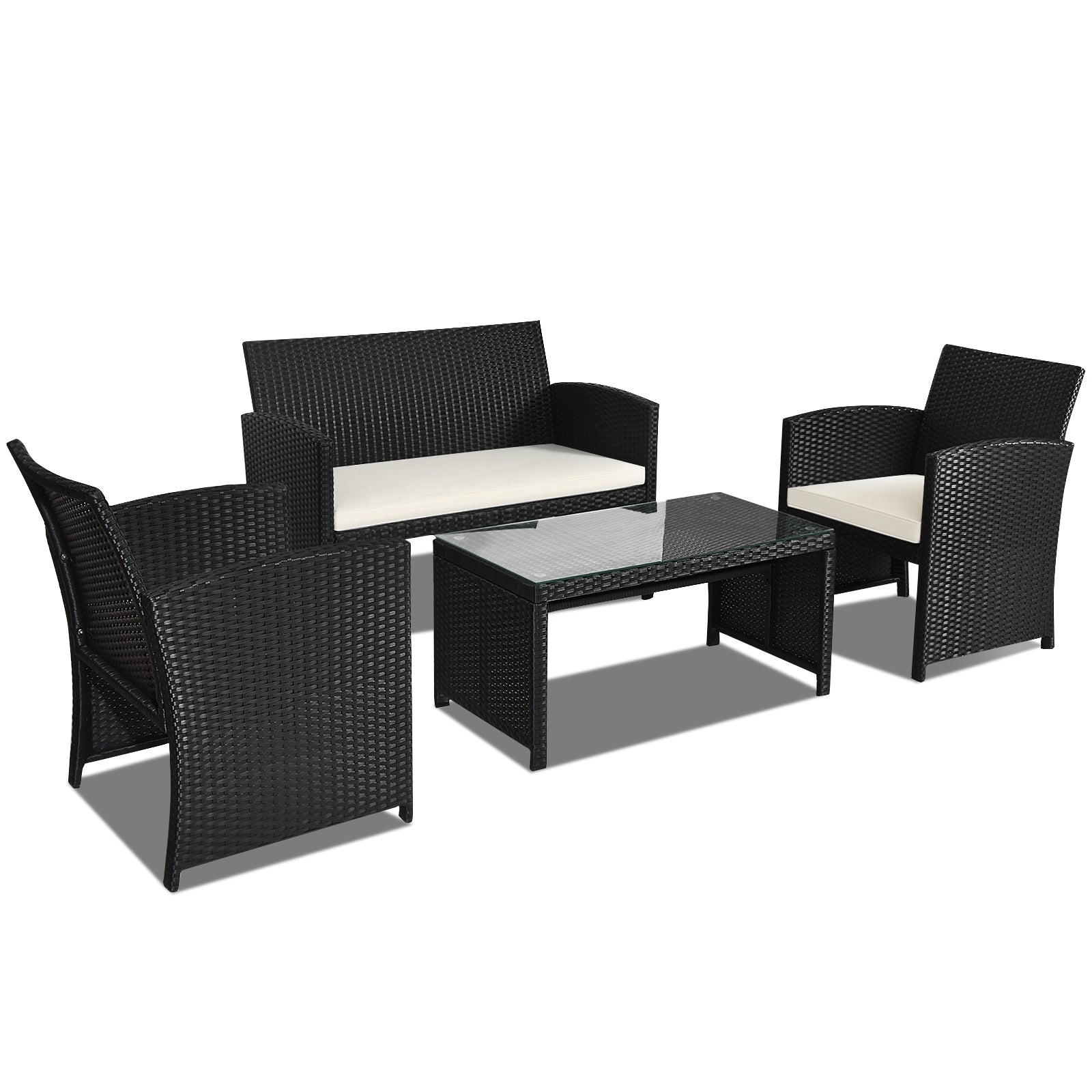 4 Pieces Rattan Patio Furniture Set with Weather Resistant Cushions and Tempered Glass Tabletop-WhiteÂ 